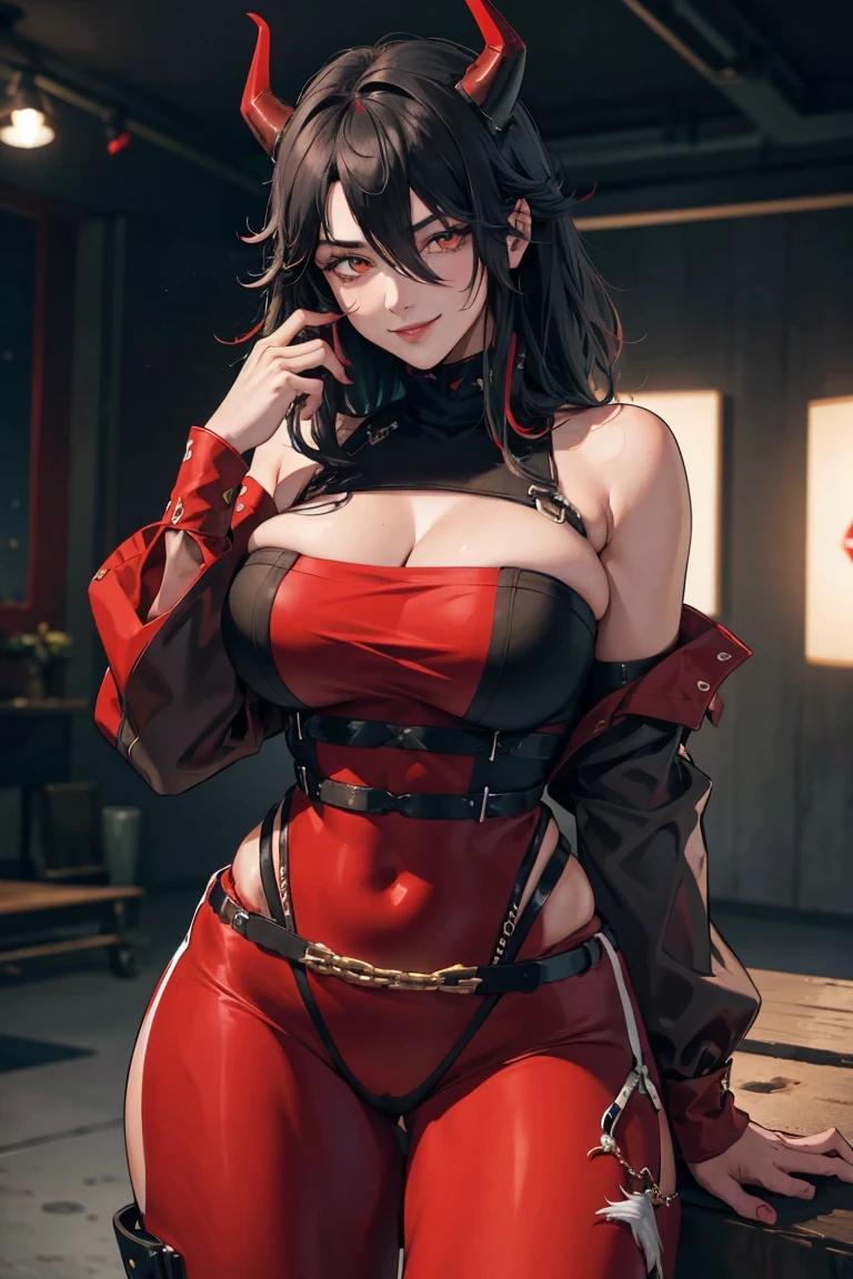 1 girl, standing alone, long hair, looking at viewer, black hair, red eyes smile, bangs, hair over one eye, portraits, Hair over the shoulder, flegs, seducer, red blouse, black star symboll, red pants, black hair, red horns, bare abdomen, realisitic, high-detailed face, detailedeyes, best quality, Artwork, ultra detail, ultra-high resolution, extreme detail, 8k, ultra HD, voluptuous, curved, thick-thighs, Facing forward, all-body,
