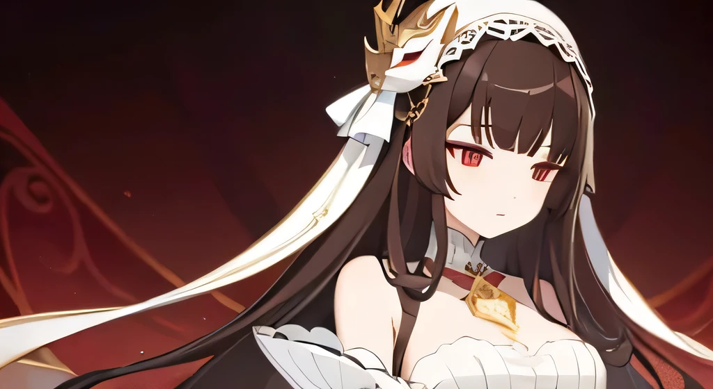 masterpiece, best quality,1girl, long dark brown hair, triangle bangs, detached white sleeves, white fantasy corset, masquerade mask covering eyes, white collarless top, golden details, opera, french,, upturned eyes, burgundy/white/black/gold color theme, french inspired character design, victorian, rococco