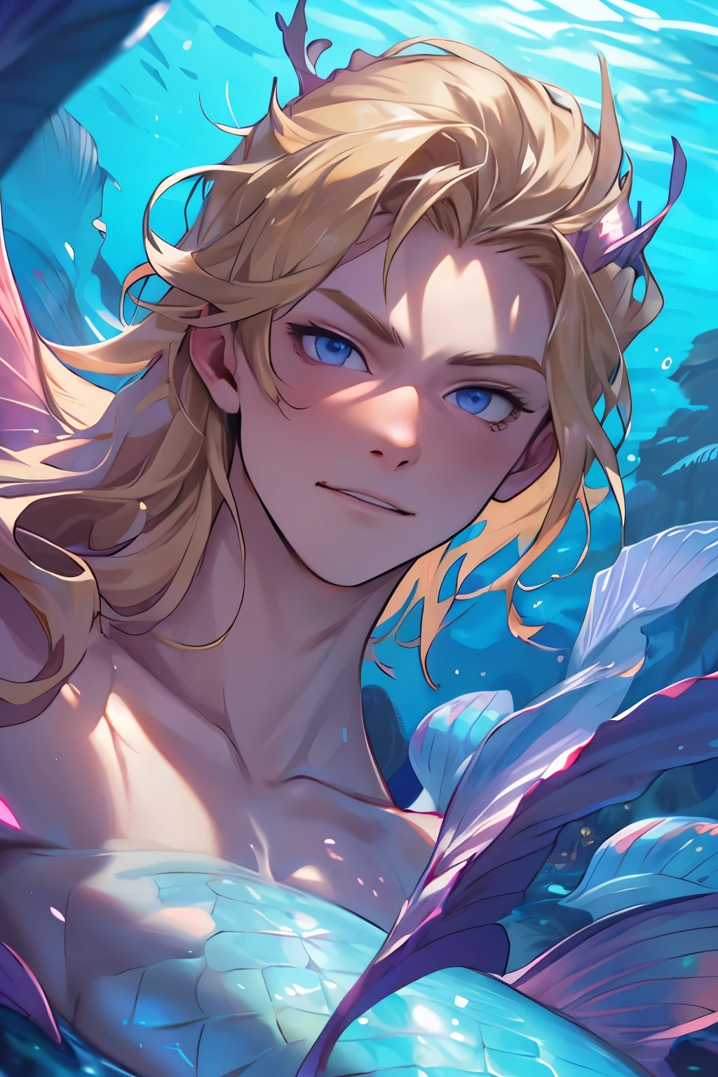 (8k, best qualityer, work of art:1.2),(best qualityer:1.0), (ultra high resolution:1.0), better lighting, young boy, 精致的面容, long blonde hair with lilac highlights, your eyes are blue, lilac scales, lilac mermaid tail, under an ocean, face and bust focus