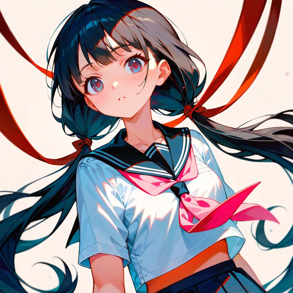 score_9, score_8_up, score_7_up, score_6_up, (best quality, masterpiece, ultra detailed, 8k), anatomically correct, anime, 1girl, very long low twintails, red ribbon, black hair, serafuku, black sailor collar, white blouse, pink neckerchief, school, from front