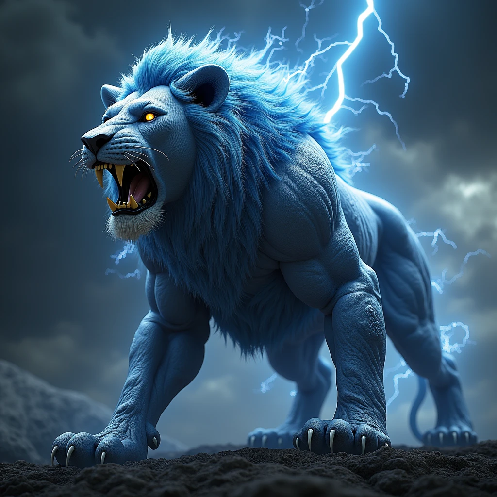 Gigantic, dangerous and horrific cross between a muscular lion and lighting with scary background 