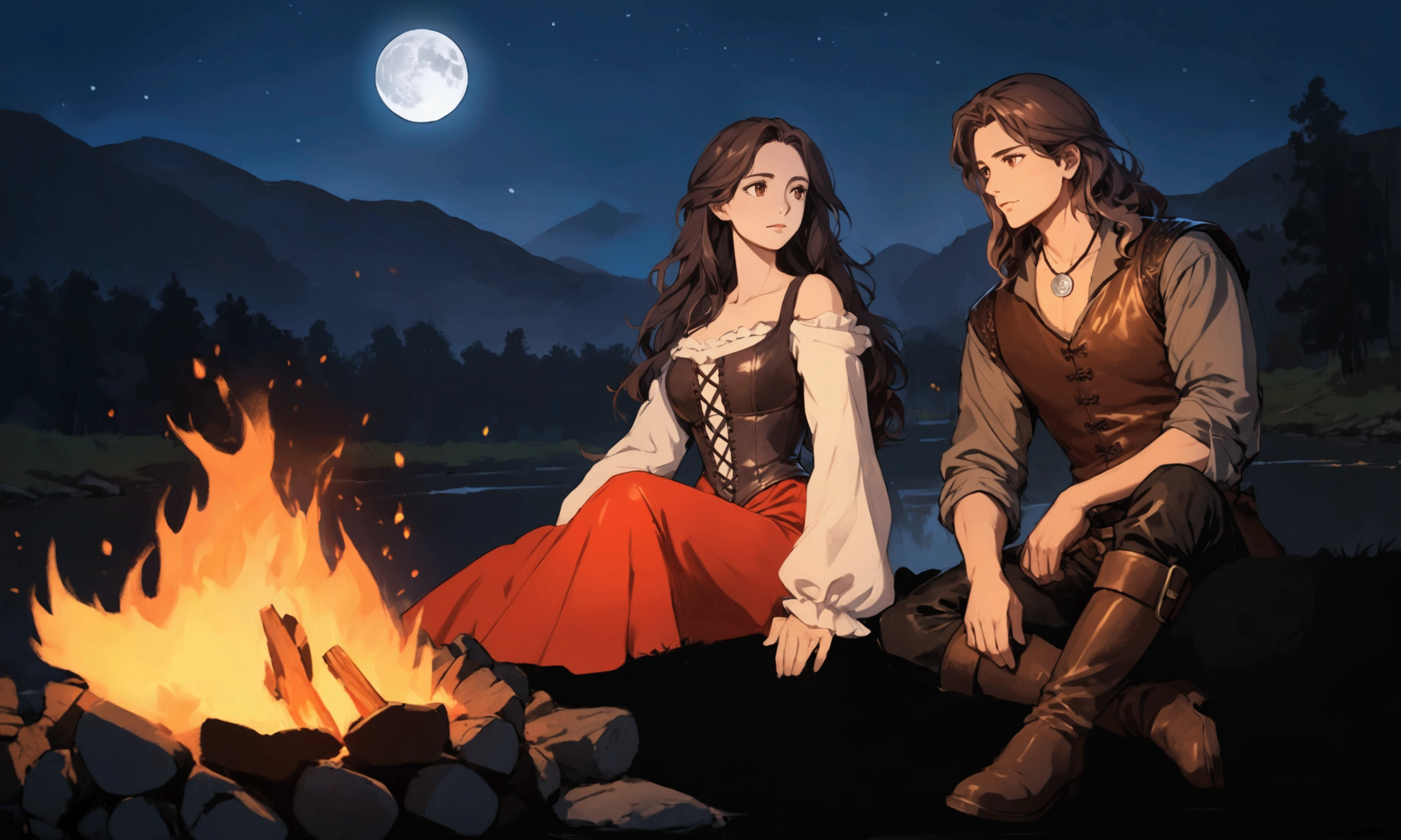 masterpiece, best quality, perfect face, anime, (expressive eyes), campfire, night scene, two people in the grass sitting by the fire staring at each other affectionably. medieval fantasy renaissance. woman on the left wearing red dress with a leather corset and long open shoulder sleeves, she have black wavy hair and brown eyes. man, manly build, on the right wearing grey shirt with a leather vest, black pants and boots, he have long wavy brown hair falling over his shoulders and brown eyes, silver medallion around his neck. campfire in front, dark silhouettes of trees, mountains and a river flowing in the background, deep blue sky replete of starts and a full moon, soft natural lighting from the fire, warm and cozy atmosphere, low angle, balanced exposure