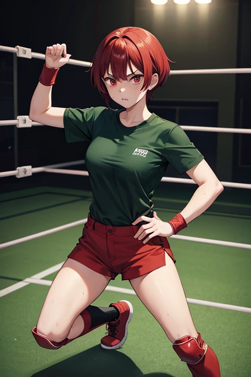 Anime Art、Full body portrait、Professional wrestling ring、A female martial artist, standing upright, about 165cm tall, around 30 years old, wearing a dark green T-shirt and dark green shorts、The hairstyle is a short cut、Red hair、almondeyes、Red Eyes、Angry expression、sports boots、My whole body is wet with sweat、red wristbands、Red knee pads、Freckles on the face、Diagonally below