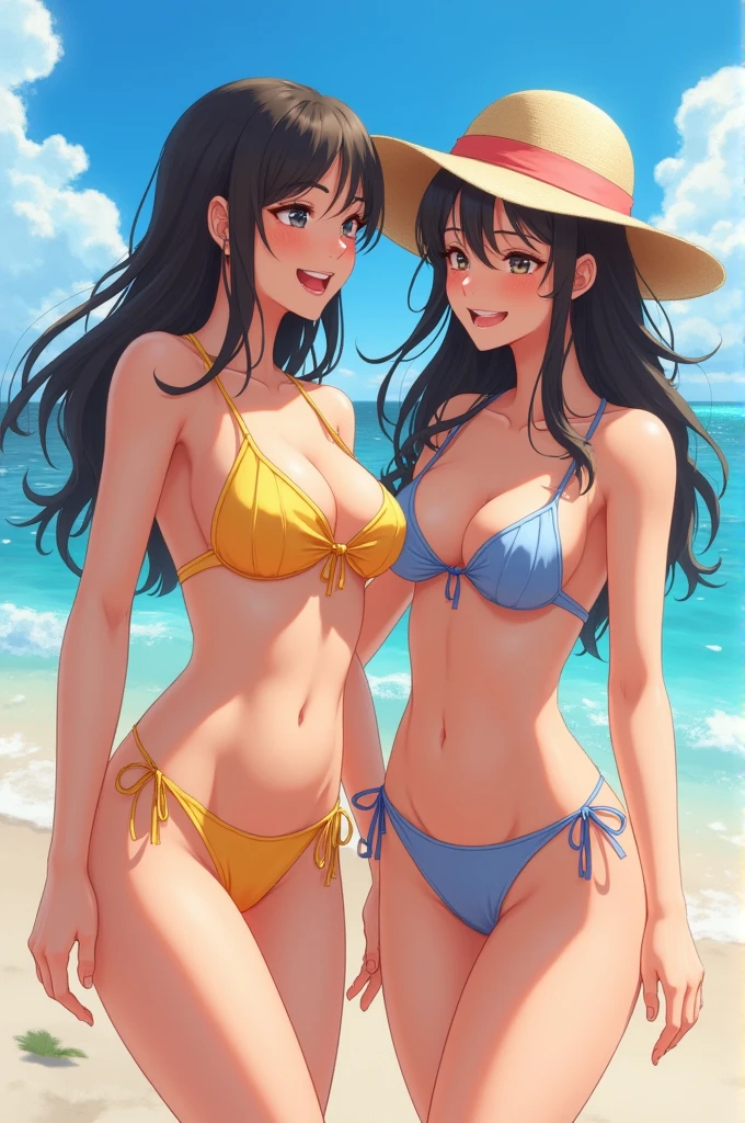 A Japanese woman and a Caucasian woman wearing swimsuits