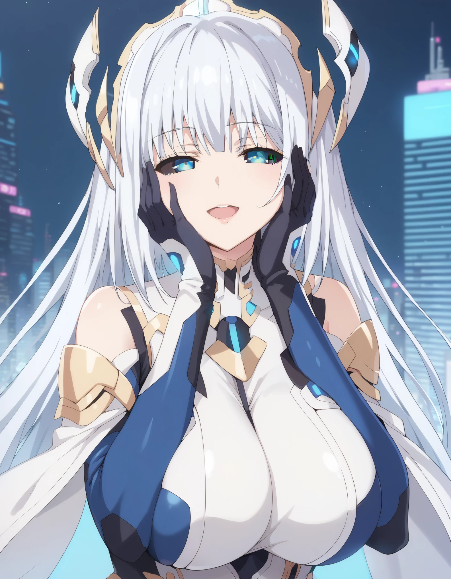 score_9, score_8_up, score_7_up, source_anime, masterpiece, best quality, extremely detailed, 1girl, milf, solo, origami tobiichi, (huge breasts), ((((white hair), very long hair, bangs, black sclera, blue eyes, half-closed eyes))), blue lips, (((blue plugsuit, black gloves))), ((light smile), open mouth), ((motherly, hands on own face, futuristic cityscape))