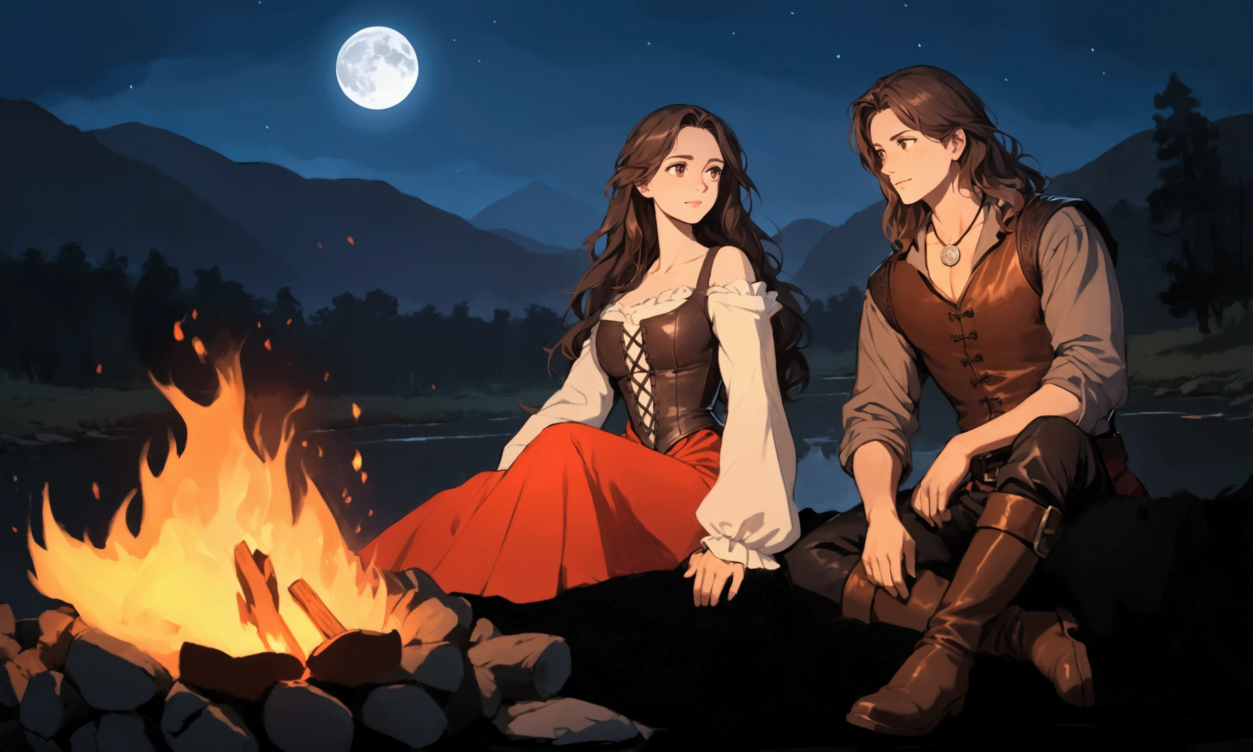 masterpiece, best quality, perfect face, anime, (expressive eyes), campfire, night scene, two people in the grass sitting by the fire staring at each other affectionably. medieval fantasy renaissance. woman on the left wearing red dress with a leather corset and long open shoulder sleeves, she have black wavy hair and brown eyes. man, manly build, on the right wearing grey shirt with a leather vest, black pants and boots, he have long wavy brown hair falling over his shoulders and brown eyes, silver medallion around his neck. campfire in front, dark silhouettes of trees, mountains and a river flowing in the background, deep blue sky replete of starts and a full moon, soft natural lighting from the fire, warm and cozy atmosphere, low angle, balanced exposure