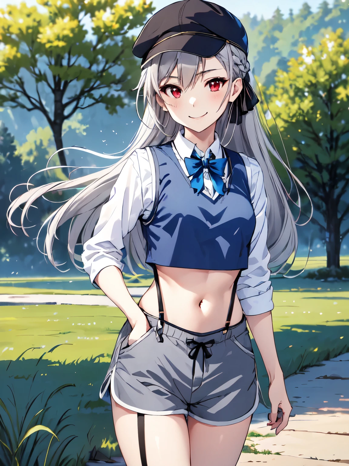 2D, masterpiece, Highest quality,Smiling、 anime,Inglis.Eucus, Very detailed, Cowboy Shot,Silver Hair、Red eyes、Closed Mouth、 One girl, alone, subaru_suspenders, subaru_suspenders, French Braid, Blue jacket, Grey Shirt, Black bow tie, star \(symbol\), (Blue shorts, abdomen:1.3), Grey hat, Grey socks, Are standing, Outdoor, smile 