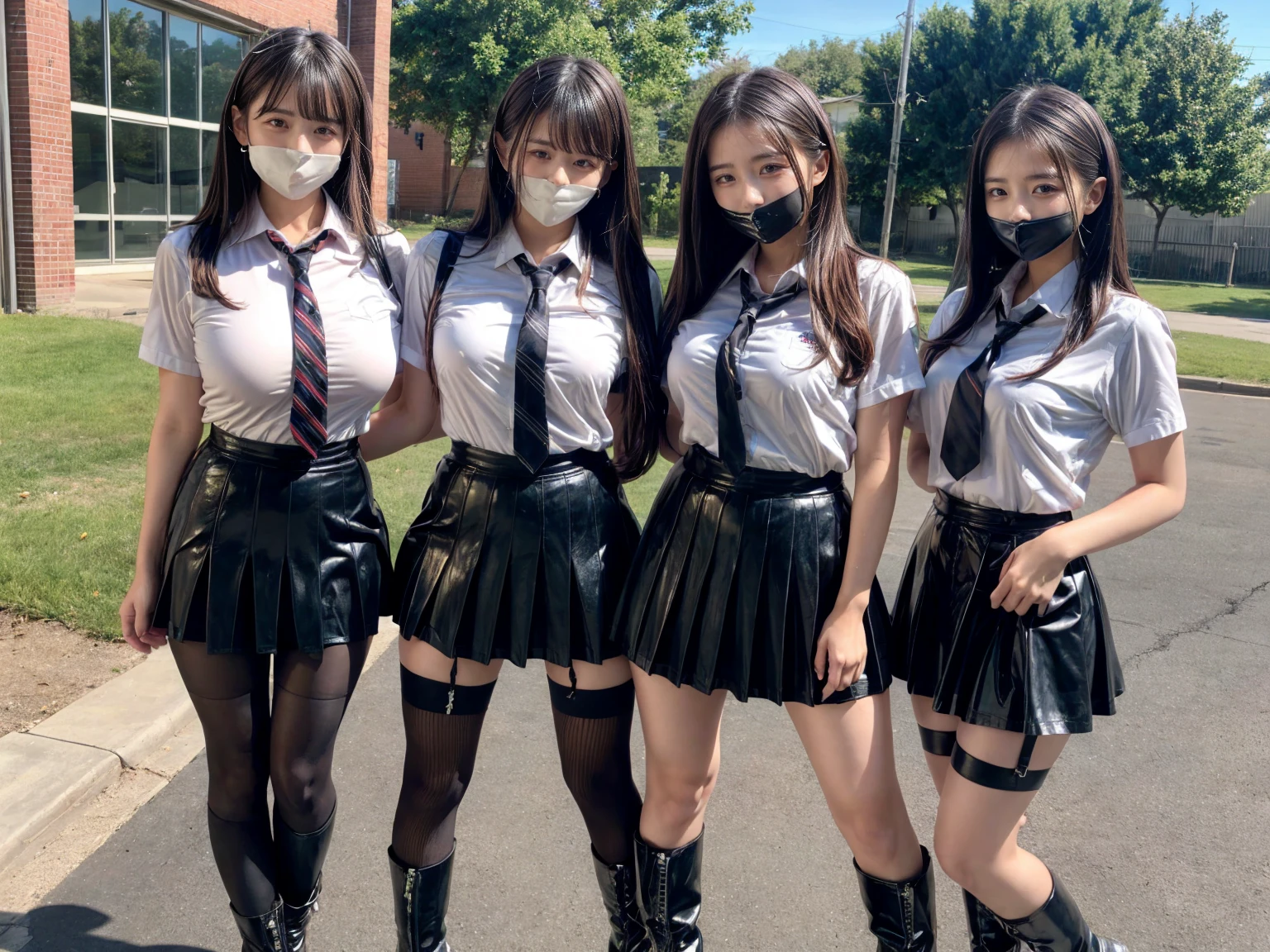 ((Top Quality, 8k, Masterpiece: 1.3)), little girl, uniform, dark blue skirt, ultra-detailed face, detailed lips, detailed eyes, double eyelids, slender figure, white shirt, wet shirt, empty classroom, playful, shiny black pantyhose, exposed breasts, exposed ass, high heels with ankle strap, detailed eyes, leggings, kissing each other, 4K high resolution