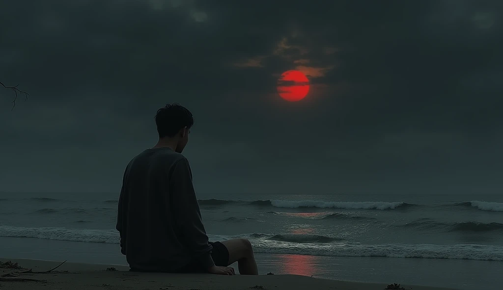 Line Art,Red and black,A lonely man sitting by the sea,David Hockney style,Full length view, Long Shot, cinestill 50d