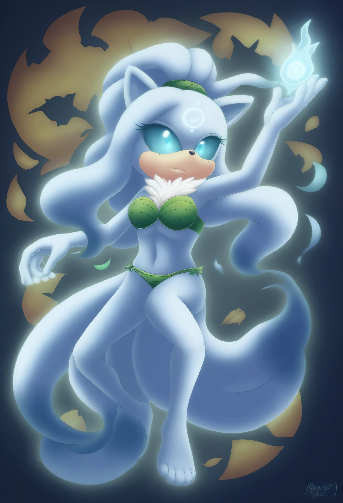 female, Alolan Ninetales, Mobian, minimalistic leaf bikini, exposed midriff, woven leaves, natural design, elegant, vines manipulation, leaf control, freezing mist, ice powers, nature-themed, mystical, flowing hair, graceful, icy aura, nine tails, delicate features, Light blue eyes, black sclera, detailed face, extremely detailed eyes, masterpiece, 4k, 8k, high-res, ultra-detailed, physically-based rendering, vivid colors, studio lighting cinematic lighting, dramatic lighting, fantasy, dramatic composition, dynamic pose, volumetric lighting, Nice ass, C-cups, shapely figure, fur collar, cloud-like fur around neck, wrapped fur around neck, snug fit, soft fur, Blue fluffy fur, glowing runes, ethereal runes, rune-covered body, magical leaves, floating leaves, glowing leaves, magical aura, enchanted markings, nature magic, intricate details, glowing magical energy, Ethereal runes, glowing eyes, freckles, mystical forest, breathtaking scenery, Full body