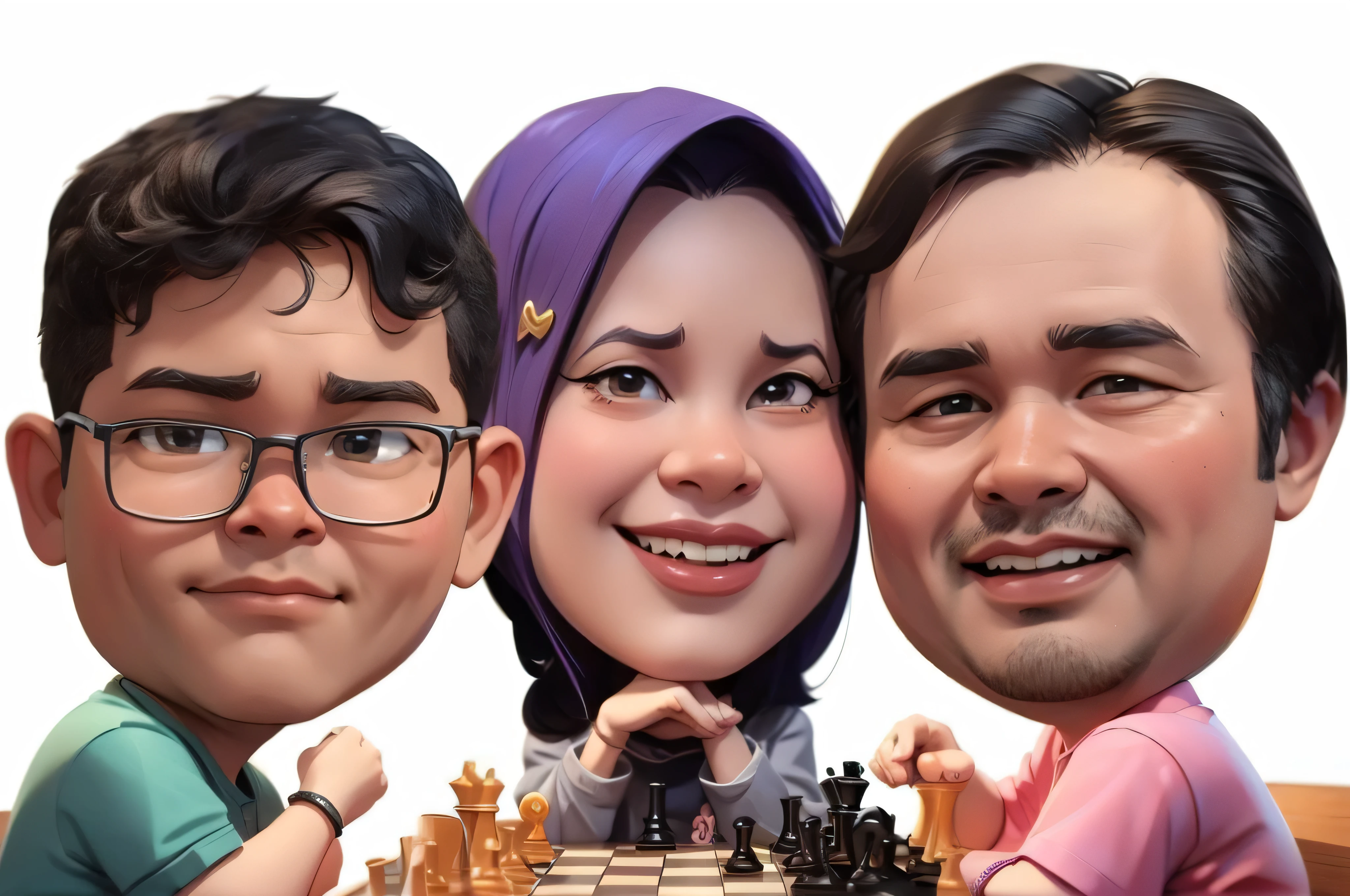 arafed photo of two man and  women playing chess, !!playing chess!!, chess, chess tournament, caricature, playing chess, caricature illustration, chess game, full protrait, happy family, husband wife and son, potrait, caricature style, chibi, chess set, caricature!!!, foto realistic, 3 d, 3d, charactor, photo 3d, 3d render