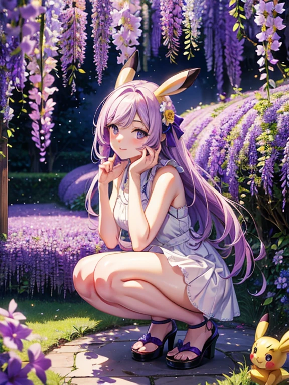 Wisteria flower, Many many shining wisteria flowers, A lot of shining wisteria flowers in an arch shape, Enchanting Locations, Wisterias and Illumination in Ashikaga Flower Park, World of Wisteria Plants, A stuffed Pikachu doll is Leave on the floor, ((masterpiece)), (Photorealistic), (High resolution, Best Quality, Super detailed), Highly detailed CG, (Highly detailed flower:1.2), No humans