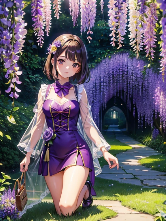 Wisteria flower, Many many shining wisteria flowers, A lot of shining wisteria flowers in an arch shape, Enchanting Locations, Wisterias and Illumination in Ashikaga Flower Park, World of Wisteria Plants, A stuffed Pikachu doll is Leave on the floor, ((masterpiece)), (Photorealistic), (High resolution, Best Quality, Super detailed), Highly detailed CG, (Highly detailed flower:1.2), No humans