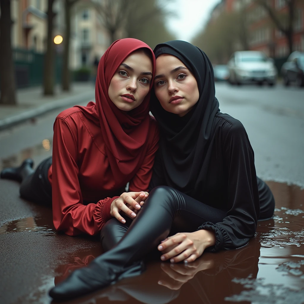 Hijab woman wearing a pencil dress and high heels kissing her hijab girlfriend in public