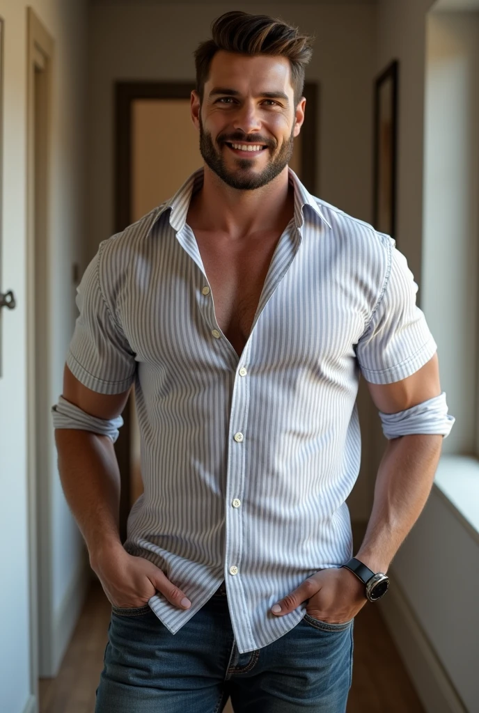 Award-winning original photoen, 30 years old man and wild muscular man, 40 years old, short beards, burly, hunk, wearing shirts, smilling happil, detailed, lovely, full body, creme formal trousers, big bulge