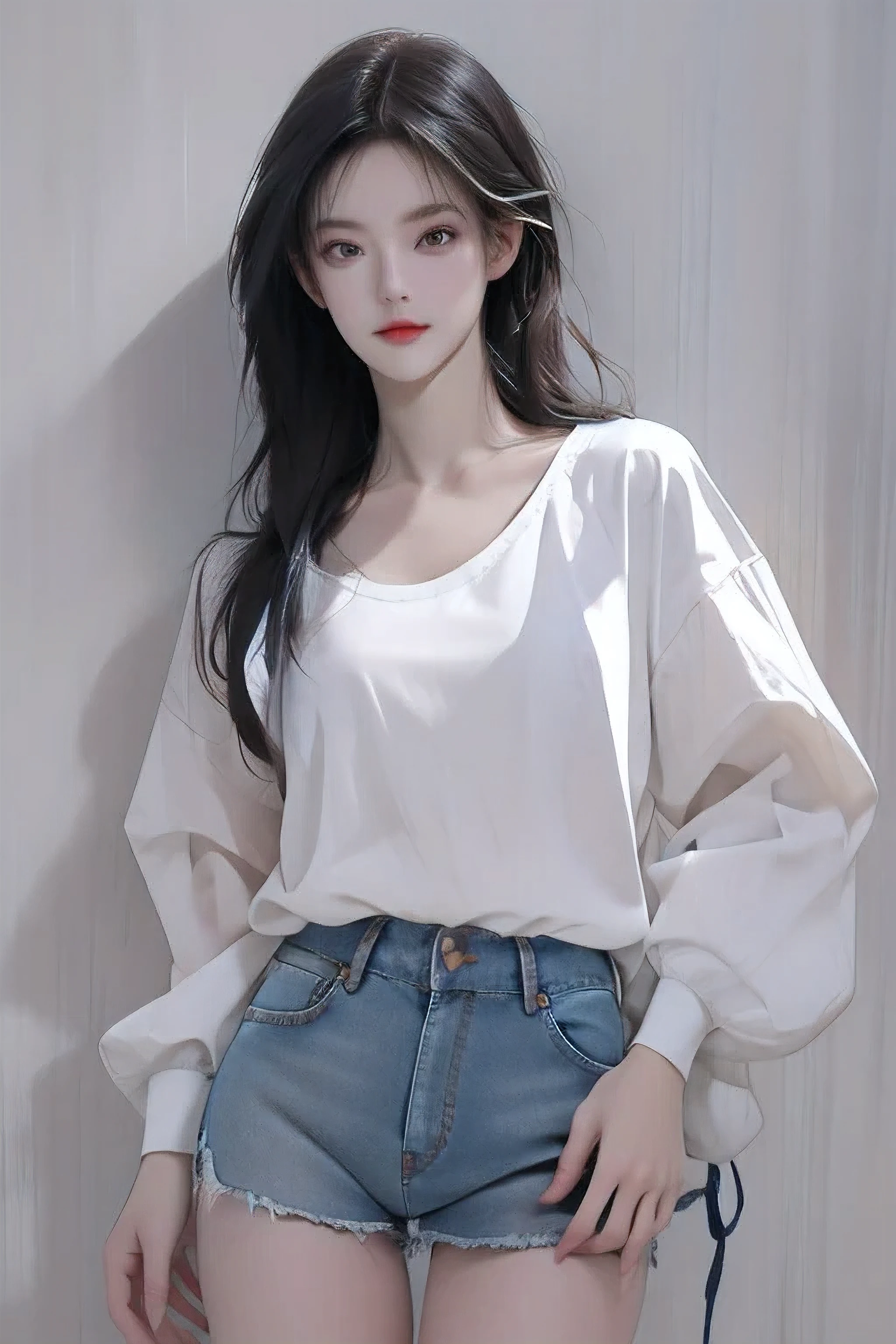 Practical, high resolution, 1 girl, White wavy hair, Korean, Heterochromic Eyes, There is a small mole under the eye, Loose white shirt, Skinny denim shorts, Large Breasts, thigh, Revealing the masterpiece, realismPractical, high resolution, 1 girl, White wavy hair, Korean, Heterochromic Eyes, There is a small mole under the eye, Loose white shirt, Skinny denim shorts, Large Breasts, thigh, Revealing the masterpiece, realism