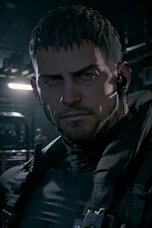 Dark gothic village in the background, old Chris Redfield from Resident Evil 8, 48 , muscular male, tall and hunk, black cold turtleneck, straps, earpiece, beard, old face, little smile, video games style, high resolution:1.2, best quality, masterpiece, dark nightime, dark atmosphere, volumetric lighting, shadow, potrait, face close up