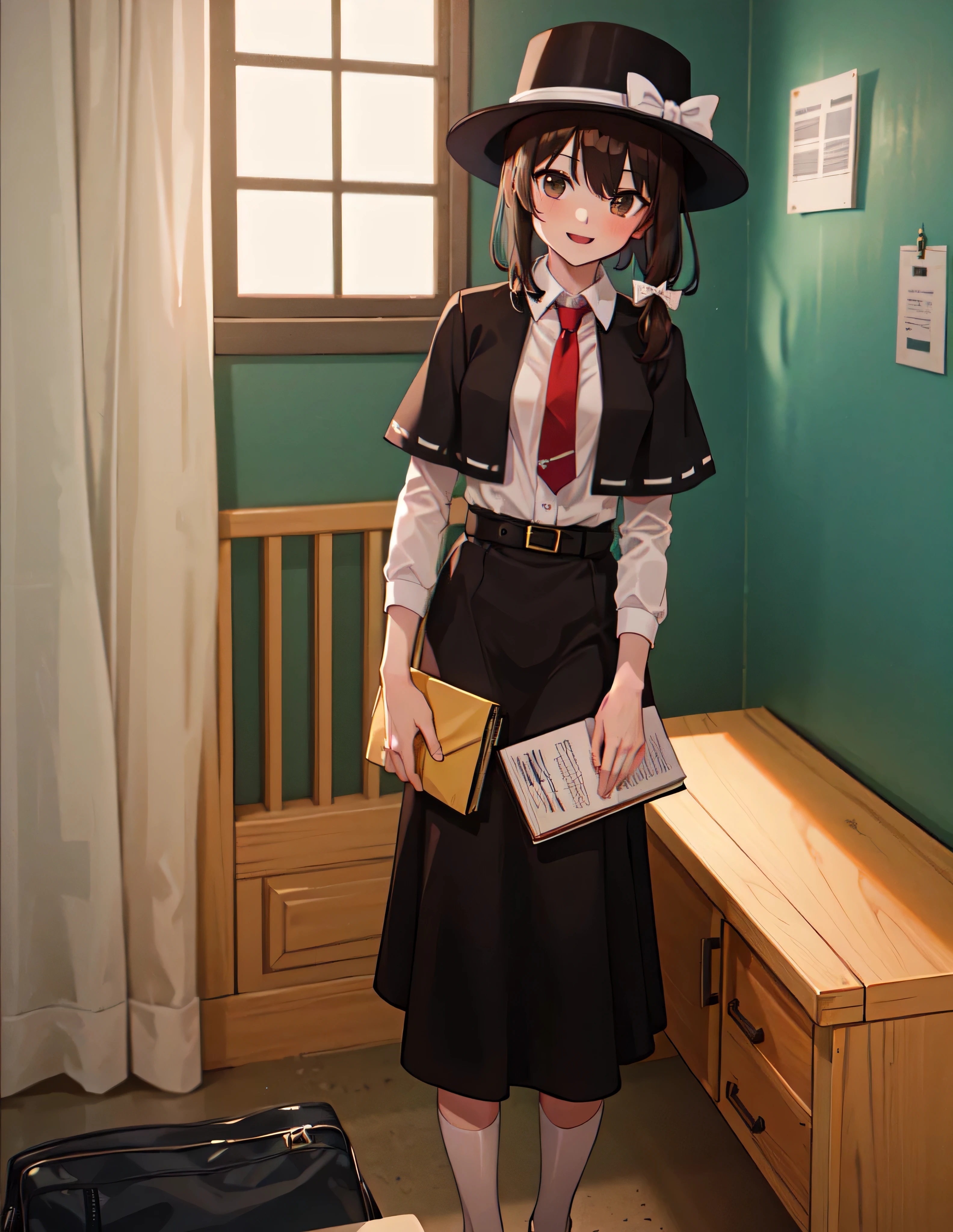 renko, Renko Usami, (Renko Usami black hair), short hair, black eyes, brown eyes, short ponytail, side ponytail, white shirt, collared shirt, short sleeves, long sleeves, puffy sleeves, black capelet, ribbon-trimmed capelet, black skirt, necktie, tie clip, bowtie, medium skirt, socks, white legwear, shoes, black footwear, hat, fedora, black headwear, white bow, hair bow, bow, book, 2 girl, perspective,Lightwg and Shadows,Beautiful colors,detailed,Great quality,Renko Usami, black_caplet, black_skirt, red_tie, black_hat, white_shirt, white_bow, simple_background, smiling, length_of_sleeve, hair_bow, closed_mouth, button, shoulder_bag, fedora, colla_red_shirt, puffy_sleeve, yellow_background, Cowboy_shot, standing, orange_background star-shaped_student, symbol_student,. Keywords : nice, key_visual, lively, studio_animated, award_winning, professional, highly_detailed, train,sit,sitting,cowboy shot,elbow rests on the window sill,looking out,sunset,looking outside,red tie,black skirt,blonde hair,loose curly hair,light purple casual dress,white ribbon belt, night cap,maribel hearn((masterpiece)), ((best quality)), ((highest quality)), ((ultra-detailed)), ((8k cg wallpaper)), ((extremely delicate and beautiful)), artbook, open_ clothes, undressing, topless, chin_rest, pitch-black, so big moon, renko ,.(masterpiece:1.2), best quality, high resolution, unity 8k wallpaper, (animation:1.2), (beautiful detailed eyes), extremely detailed face, perfect lighting, extremely detailed CG, (perfect hands, perfect anatomy), (Renko Usami is sittingdown in the left half), (maribel hearn is sittingdown in the right half), (anime style:1.4)
