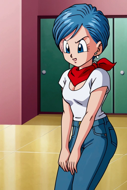 Original style, Bulma, short hair, blue eyes, blue hair, White short-sleeved shirt, jeans, red kerchief around the neck, cowboy boots 