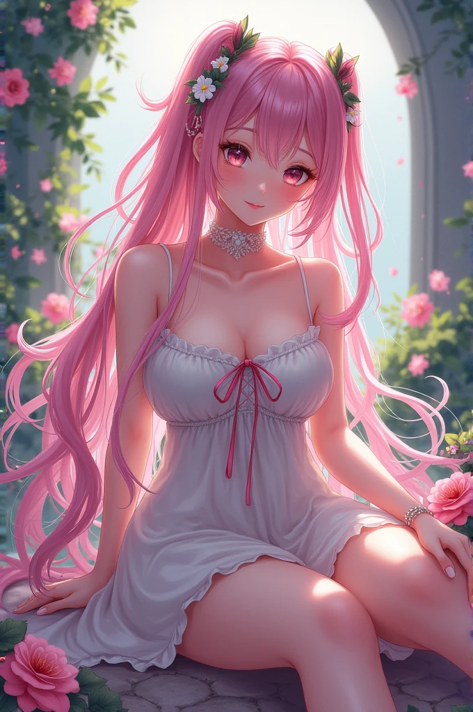 (top quality)),(ultra high resolution),(Super detailed細),(detailed description),((the most picturesque works of art),super precision art,amazing art of depiction,fantasy art:1.5, ((Beautiful flowers々:1.5)), (Body eroded by flowers:1.0),glamorous body:1.3,fancy background effects、masterpiece、fancy details、(NSFW 1.1), ((1 girl)), ((muste piece)), ((extremely detailed:1.3)), in crystal clear water,beautiful woman entering the lake, ((curly long pink hair)), wet hair, Wearing a light transparent dress, Bathing clothed, steam, (Rose petals floating in water:1.3), early morning light, ivory gold AI, windows, crepuscular lighting, 、see-through lace underwear、very huge boobs、Pink nipples、pink areola,透けて見えるPink nipples、透明なpink areola、lace and string shorts.、princess carry,Sexy lingerie with lace and strings,See-through sexy lingerie,transparent lingerie、translucent dress、pearlescent、pearl、sexy harness、sexy garter belt、sexy stockings、Arranged,intimate, rose garden、colorful roses、lake with floating roses、lying down、open legs、spread your legs、open thighs、soak in water、wet body、splash of water、gorgeous flower decoration、big flower、stylish hair、the moon, Lantern, night time, solo, water play, The water, hair flower, flower, Outdoors, sky porn, full the moon, Shigure, Lantern, clothes soaked in water, sky porn, wet hair (((muste piece),(Highly detailed CG Unity 8K wallpaper),best quality,cinematic lighting,detailed background,beautiful detailed eyes,bright pupils, (very delicate and beautiful),(Beautiful and detailed eye description), Super detailed,muste piece,)),((Crimson eyes))、greenhouse、garden、temple、