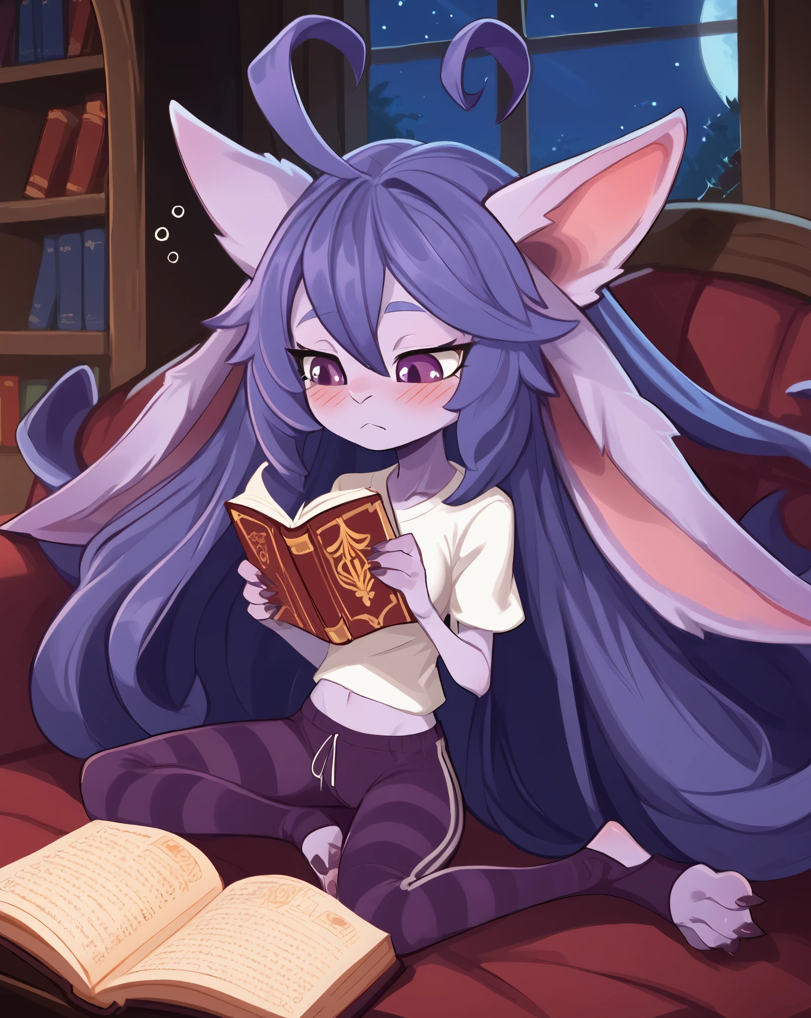 score_9, score_8_up, score_7_up, best quality, masterpiece, (absurdly high resolution:1.4), (short, diminutive, smol), yordle, (humanoid, light purple skin, purple eyes, (long ears, horizontal ears), long horizontal yordle ears, claws, feminine), barefoot, cute, adorable, slim, thin, (hair, fluffy hair,), large breasts, sleepy expression, blush lines, submissive), solo, isekai setting, apartment, night sky, Expressive, young, expressive, fantasy, paw pads, ears up, midriff, white t-shirt, stirrup legwear, reading a book, glasses