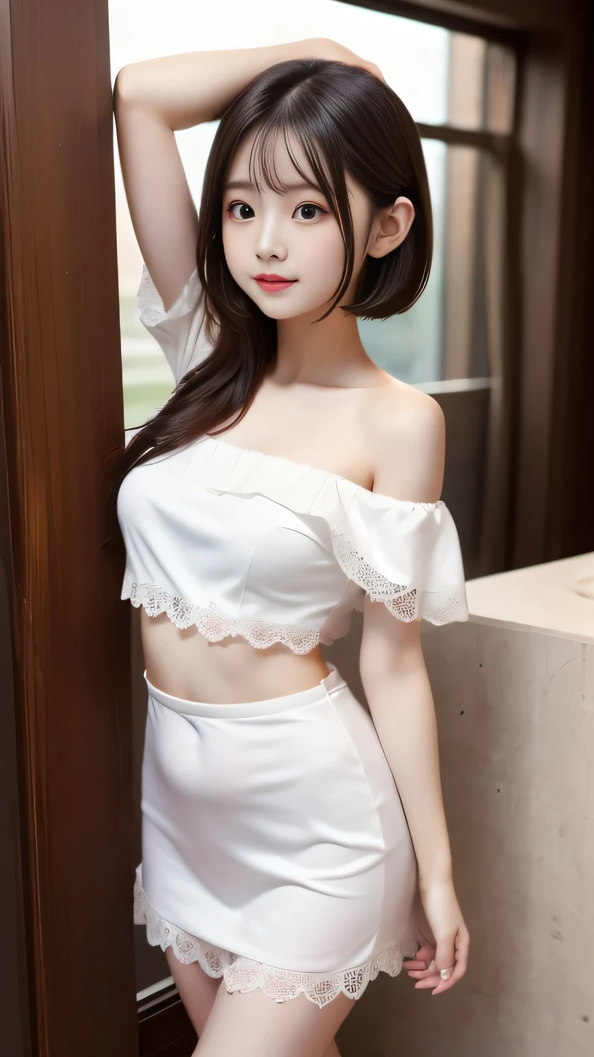 short hair、Very beautiful cute girl、Sexy and very beautiful、very cute face,Extremely beautiful、White lace dress、Off the shoulder、Armpit Show、Belly button