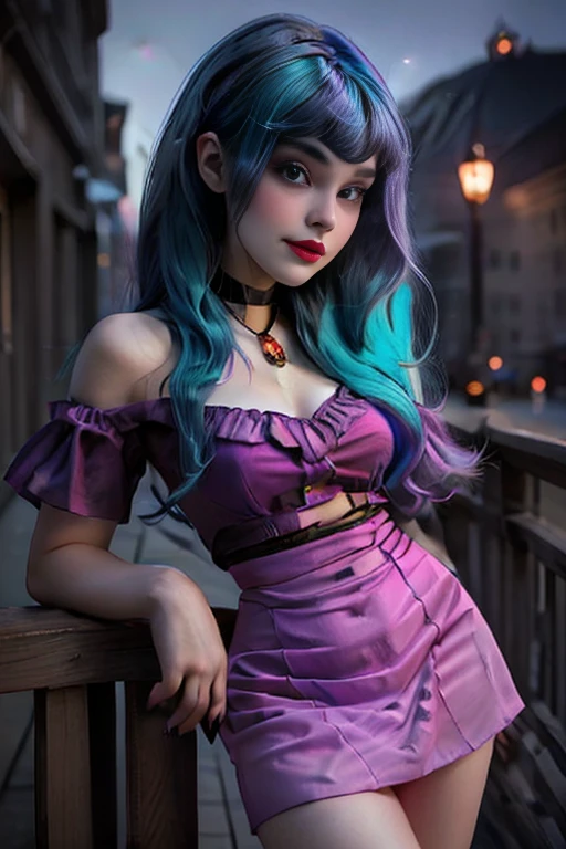 (masterpiece, The best quality:1.2), only, 1 girl , beautiful teenage girl , teenage model , Caucasian , mlp Sonata Dusk , big breasts ,smug smile , make-up , Red lips  , purple rocker style purple dress , pink skirt , 19 years , beautiful teenage girl , Teenage model , purple eyes , store , outside is night , turquoise hair with purple highlights , turquoise hair  , Full body photo , Sonata Dusk , happiness