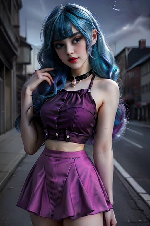 (masterpiece, The best quality:1.2), only, 1 girl , beautiful teenage girl , teenage model , Caucasian , mlp Sonata Dusk , big breasts ,smug smile , make-up , Red lips  , purple rocker style purple dress , pink skirt , 19 years , beautiful teenage girl , Teenage model , purple eyes , store , outside is night , turquoise hair with purple highlights , turquoise hair  , Full body photo , Sonata Dusk , happiness