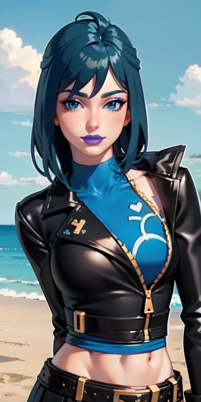 Beach background, Realistic, HeroicHopeFN, 1girl,blue hair,blue eyes, eyeshadow,upper body,(speed lines:1.1),medium breasts, love, heart, gold hearts, black jacket, jacket crop top, blue crop top, black skirt, navel, purple lips, lipsticks, winked, happy, looking at viewer, facing viewer