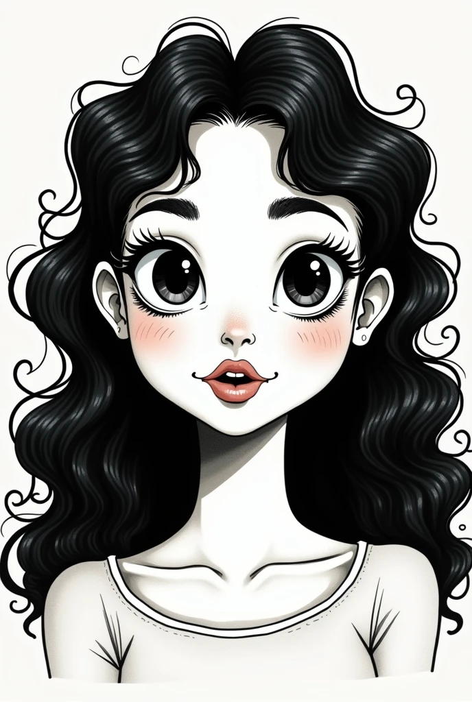 brunette woman, black person hair curly kinky layered long defined white streak, chubby, denim clothing, Brown eyes, reddened mouth, dark eyes, big and wide face, Disney pixel animation style wide nose