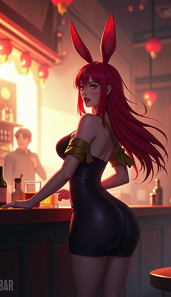 ((reclined on table bar, showing backside and ass)) ((Erza scarlet from fairy tail anime series)) ((beautiful face)) (red lipstick) ((big bright eyes)) ((long redhead straight hairstyle with bangs)) ((very huge breast)) (perfect slim body) ((wears choker, very tiny micro string black thong bottom with flame print)) ((posing sexy inside guild bar)) (high resolution dynamic lights and shadows) ((masterpiece)) (8k) (perfect face) (best quality) (perfect hands and eyes)