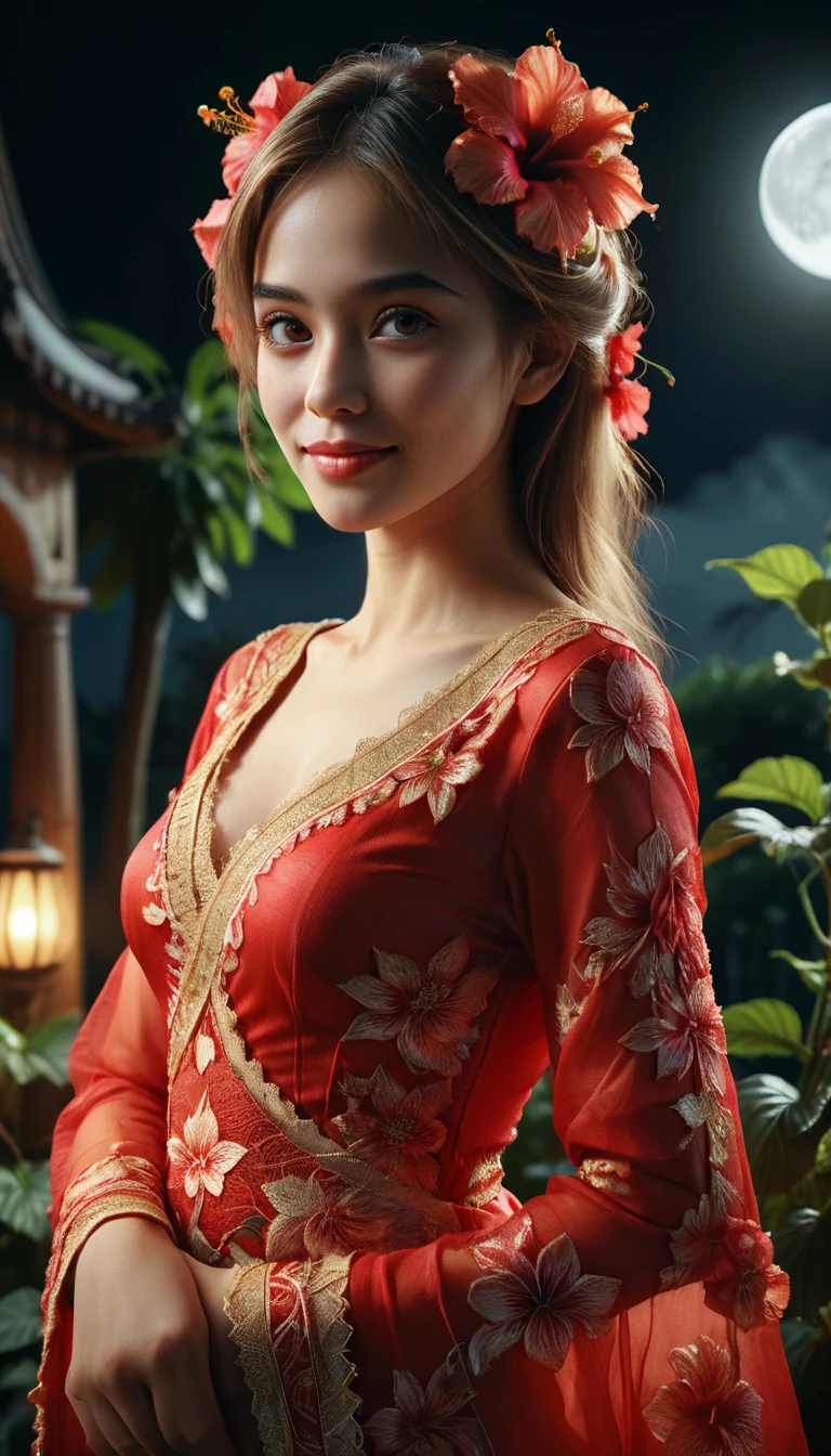 wearing red kebaya, (RAW photo, best quality), (realistic, photo-realistic:1.4), masterpiece, an extremely delicate and beautiful, extremely detailed, 2k wallpaper, Amazing, finely detail, extremely detailed CG unity 8k wallpaper, ultra-detailed, high resolution, soft light, beautiful detailed girl, extremely detailed eyes and face, beautiful detailed nose, beautiful detailed eyes, cinematic lighting, dramatic lighting, detailed background, background fantasy setting, night town, night time, on the roof, moonlight, dark theme, HIBISCUS deep forest background, perfect anatomy, soft light, smiling, 1girl 

POV Luxury. Natural lighting, (direct light:0.4), (highest quality, Alessandro Casagrande, Greg Rutkowski, Sally Mann, concept art, 16k), (analog:1.2), (high sharpness), (detailed pupils:1.1), detailed face and eyes, Masterpiece, best quality, (highly detailed photo:1.1), photographed by Canon EOS R6, 135mm, 1/1250s, f/2.8, ISO 400, looking at the viewer, 