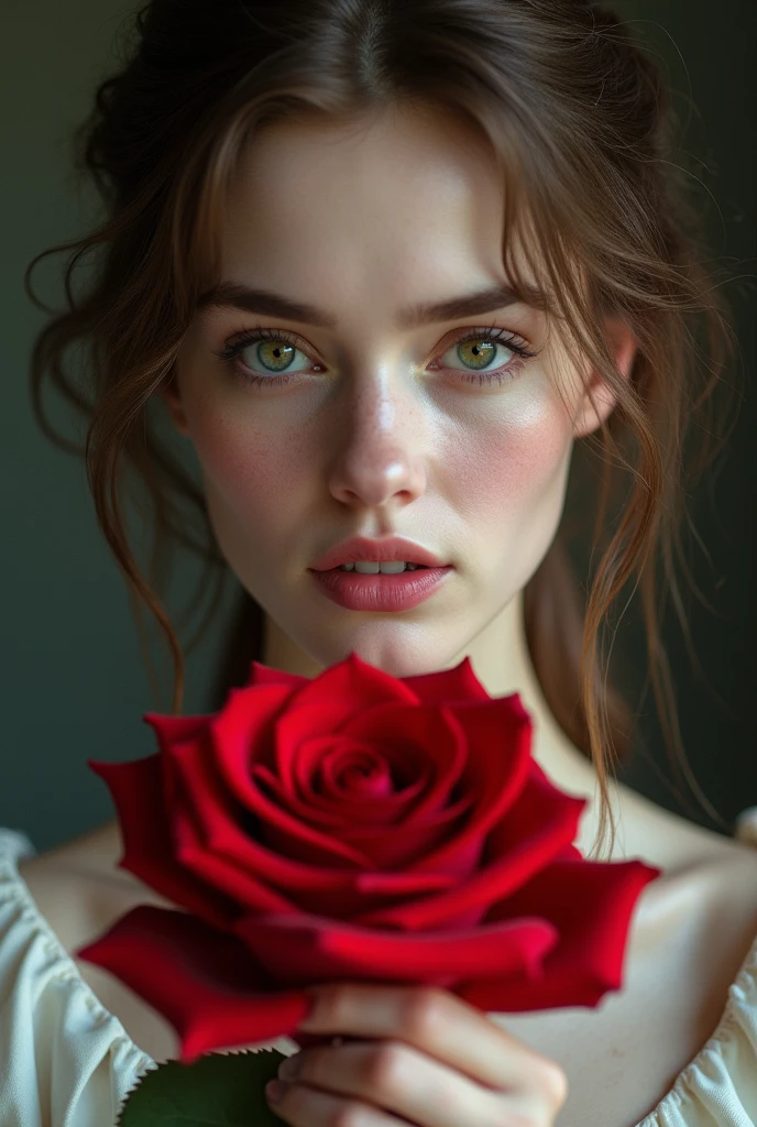 A nude caucasian 16 year old girl , hide behind a very thin red rose plant, whit only 2 flower covering her nudity. She also very embarresed