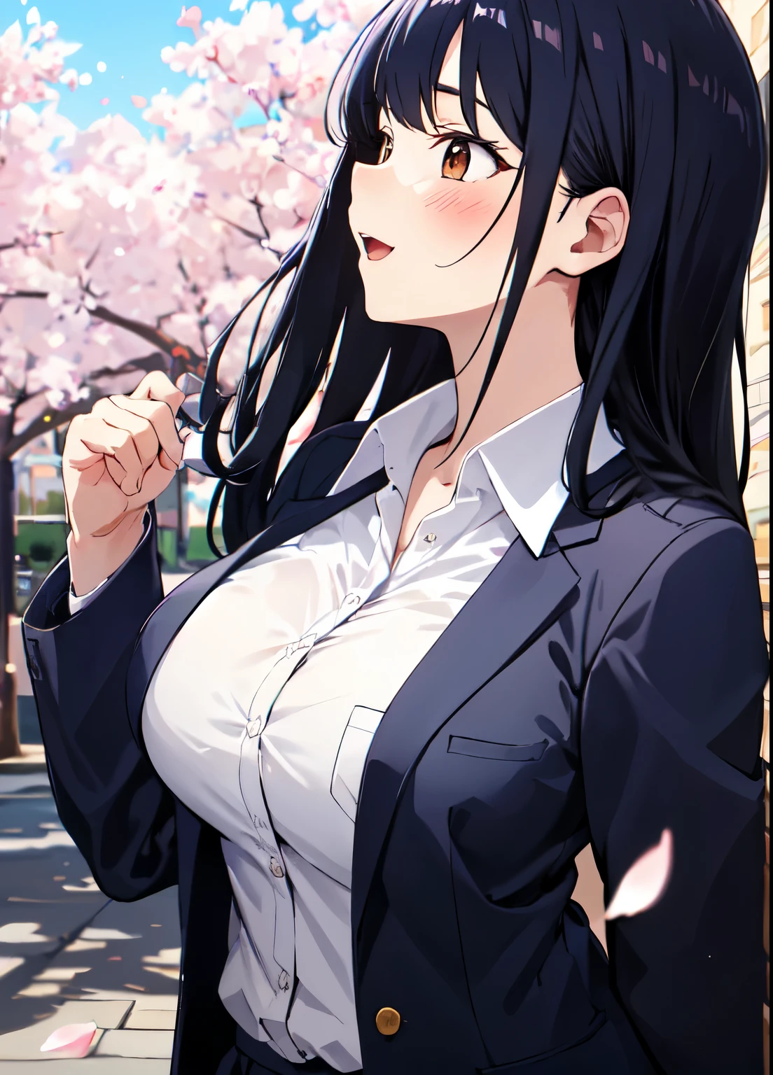 masterpiece, absurdres, ultra-detailed, Yamada Anna, 1girl, solo, long hair, blush, large breasts, black hair, long sleeves, brown eyes, school uniform, jacket, white shirt, pleated skirt, collared shirt, blue skirt, blazer, cardigan, blue jacket, (realistic:0.35), blush, smile, side profile outdoors, cherry blossoms, :o, shocked, excited, colorful, breast pocket, messy bangs, looking at the cherry blossoms, looking up