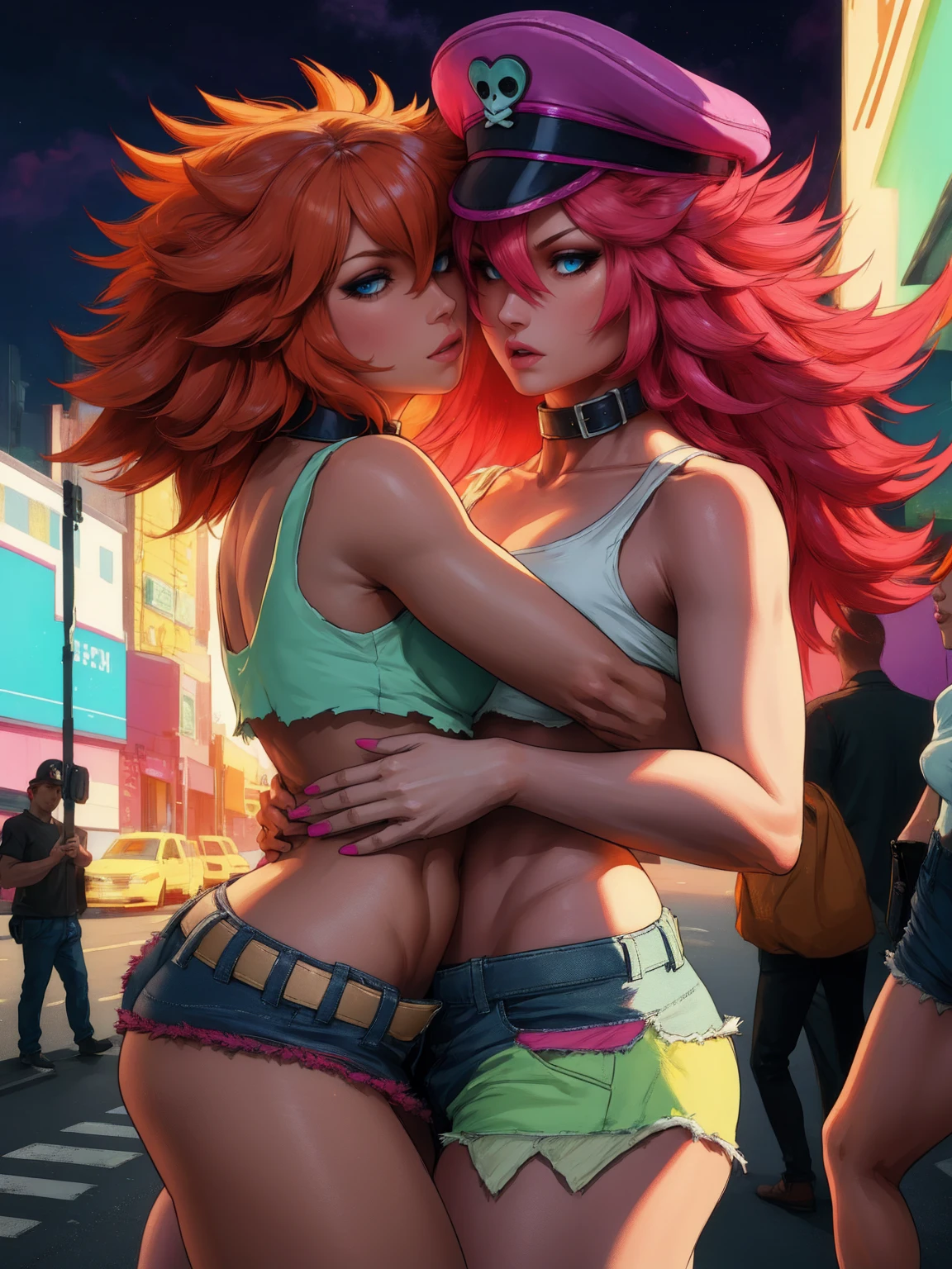 Draw two female characters in anime style.  Jessie has waist-length red hair, red eyebrows, and red eyes.  Bella has long green hair down to her waist, green eyebrows and green eyes.  Both have small breasts, thin waists, big, perky butts and thick thighs.  The two girls are 20 years old and are in an intense romantic relationship, kissing in the city square, kneading their faces with their hands.  they are involved in a very intense and pleasurable sexual relationship.  They are wearing short shorts and a black tank top during the late afternoon.   Ella squeezes Jessie's ass with her hand.