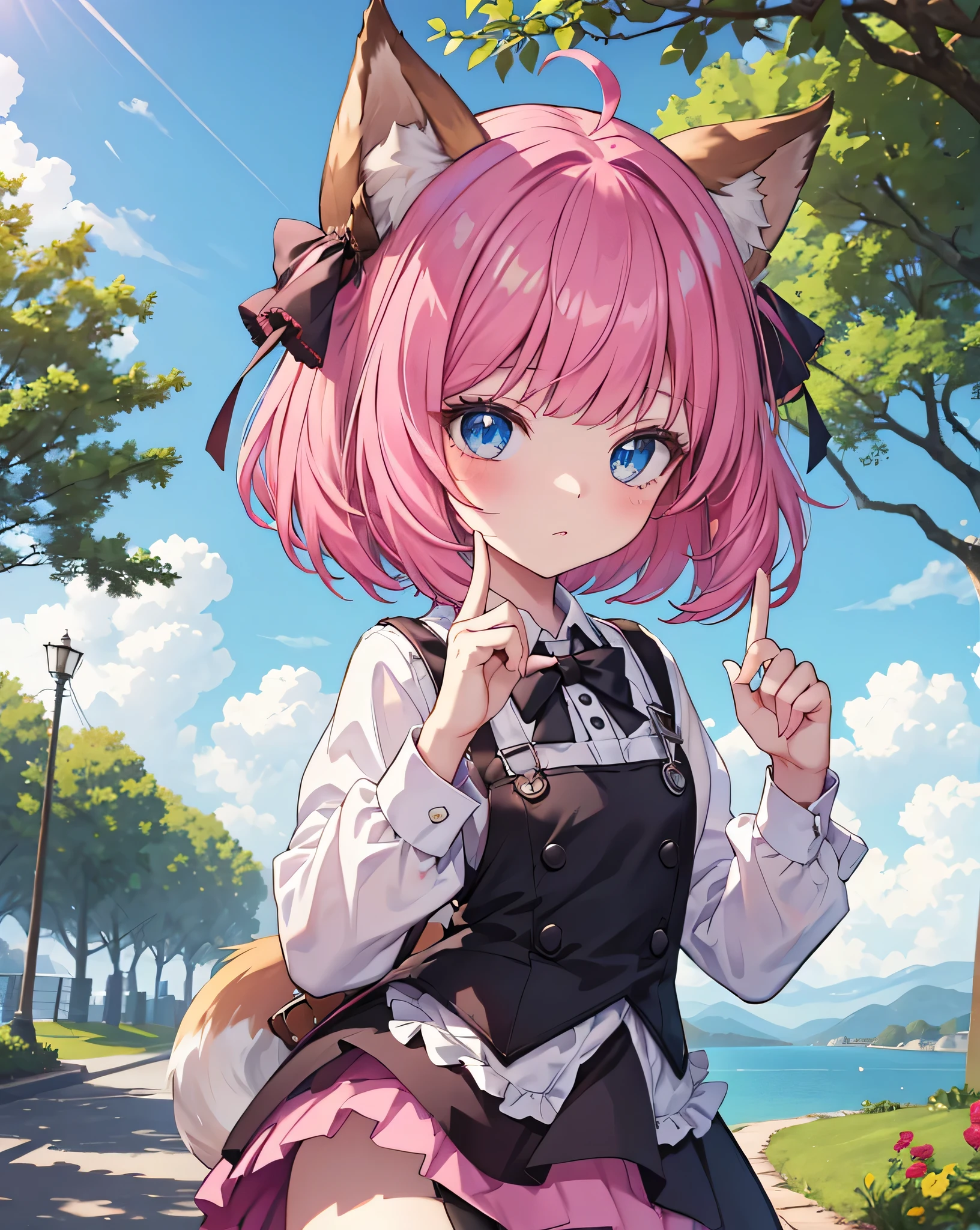 masterpiece, best quality absurdes, 1girl, solo, short hair, pink hair, blunt bangs, blue eyes, small breasts, fox ears, fox tails, cute face, collared shirt, pink mini skirt, sleeves rolled up, dress shirt, gothic pink clothing, gothic apron, gothic ****ta, 8k uhd, natural shading, lighting, detailed fingers, detailed face, high resolution, outdoor, tree, footpath, sky, day,