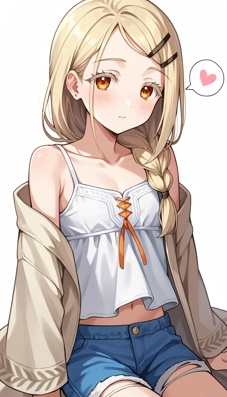 16k,score_9, score_8_up, score_7_up, source_anime, rating_safe,super detailed , hiro-default,shinosawa hiro,slender,orange eyes,white eyelashes,blonde hair,long hair,(single braid on body),hairclip,white camisole,blue shorts,coat,spoken heart,very cute,dutch angle,flat chest ,blush,beautiful face,beautiful eyes,details eyes,white background 