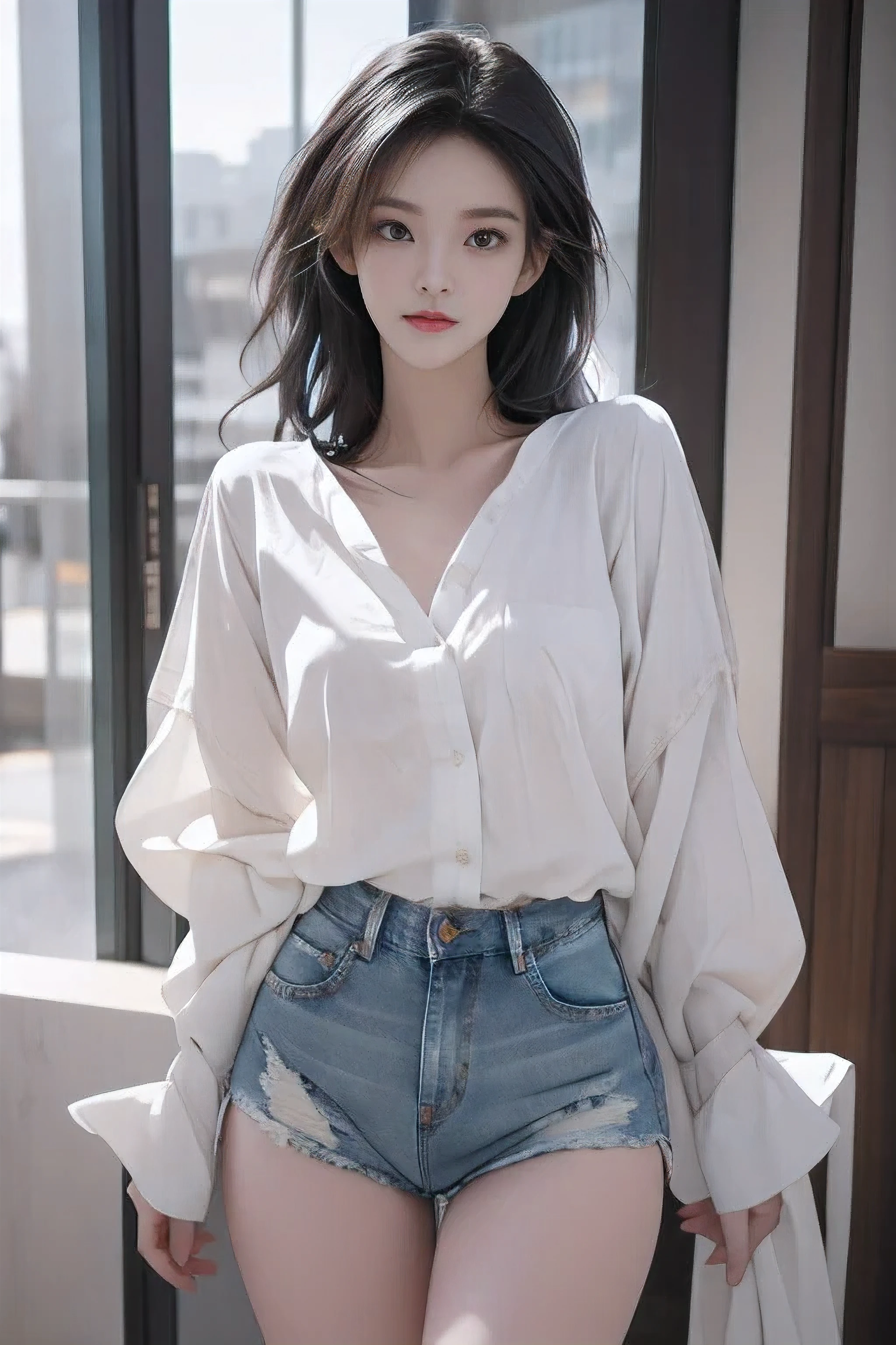 Charming eyes,Sexy,Details,Correct the weird parts to the real ones, high resolution, 1 girl, White wavy hair, Korean, Heterochromic Eyes, There is a small mole under the eye, Loose white shirt, Skinny denim shorts, Large Breasts, thigh, Revealing the masterpiece, realism