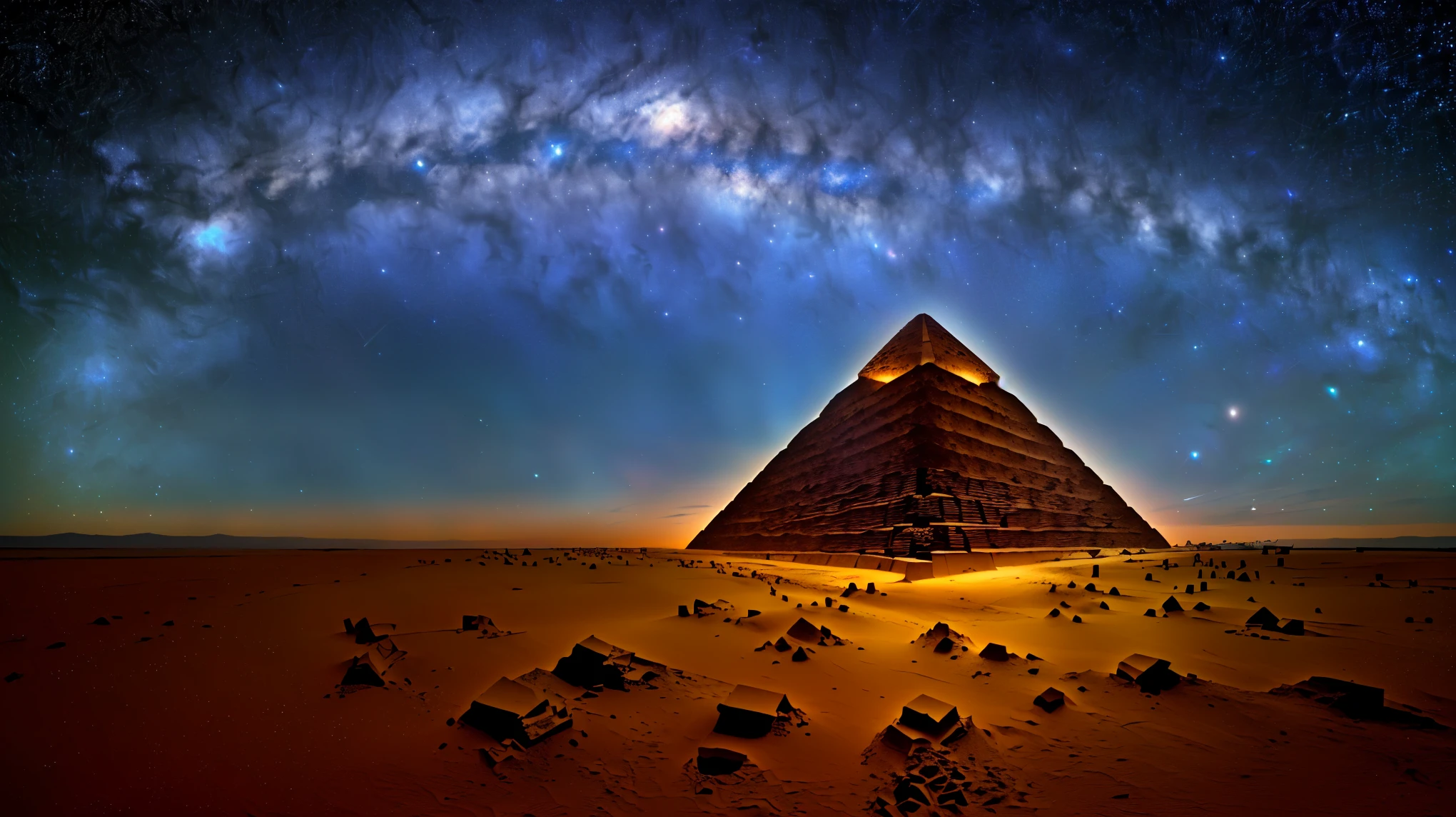 An ancient pyramid floating in an infinite universe. The stars on the pyramid are sparse. masterpiece, sharp, Ultra Detailed, 8K,Cyberspace Soldier, Angle View, Top quality,  (High detail background:1.2),(Highly detailed characters:1.2), Digital SLR Camera, Soft lighting, high quality, The grains of sand can be seen clearly, Intricate details,