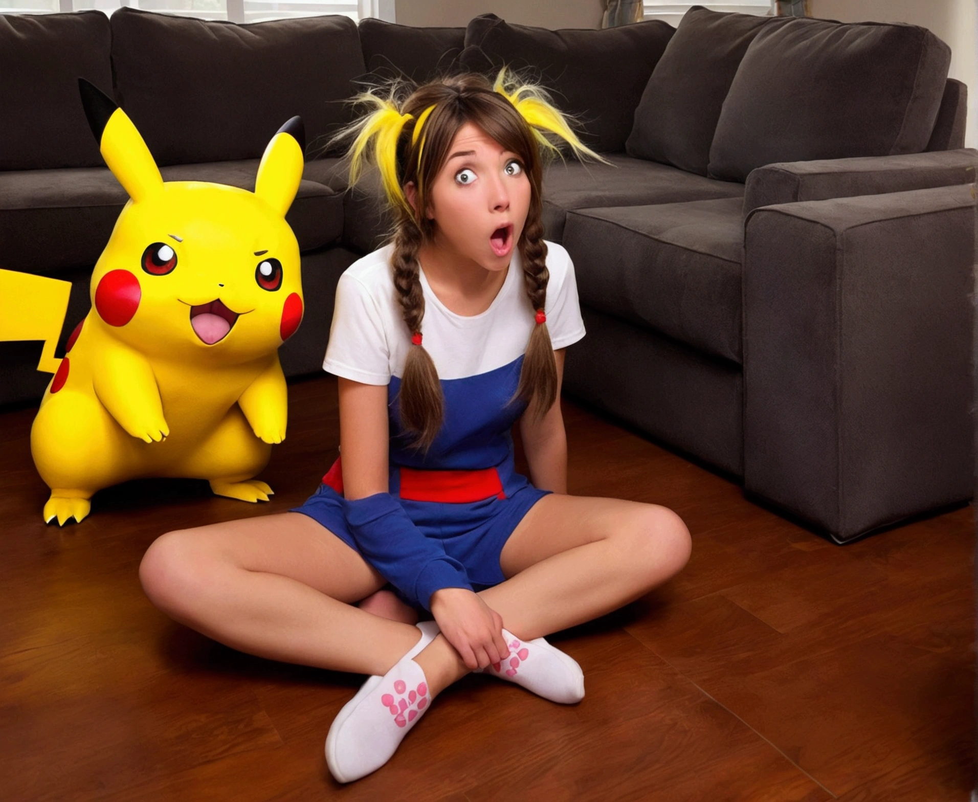 a cute woman (age 25, pokemon trainer, little outfit, shocked expression, slightly singed and charred, messy hair) has just been shocked by her Pikachu, living room, funny scene
