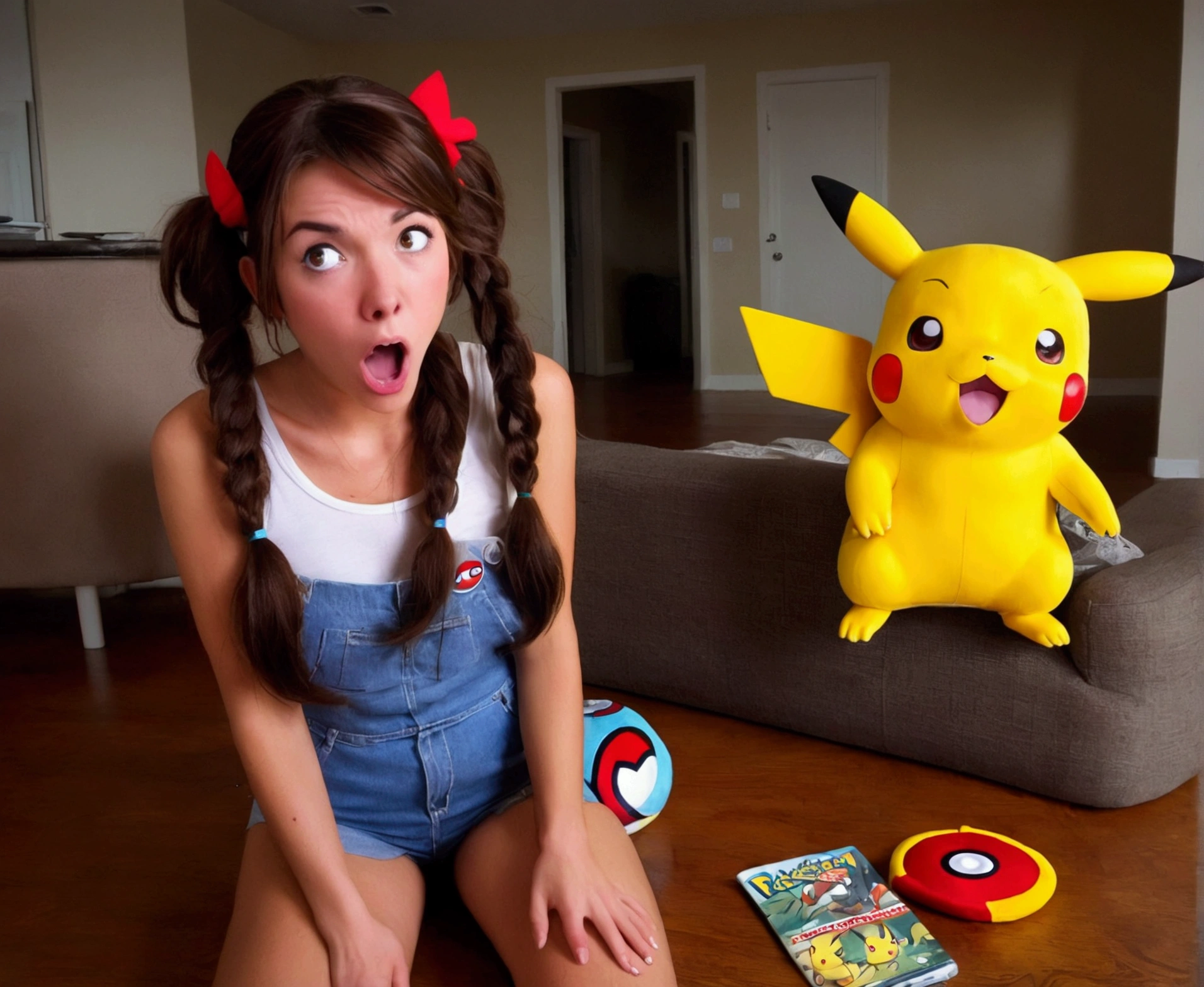 a cute woman (age 25, pokemon trainer, little outfit, shocked expression, slightly singed and charred, messy hair) has just been shocked by her Pikachu, living room, funny scene
