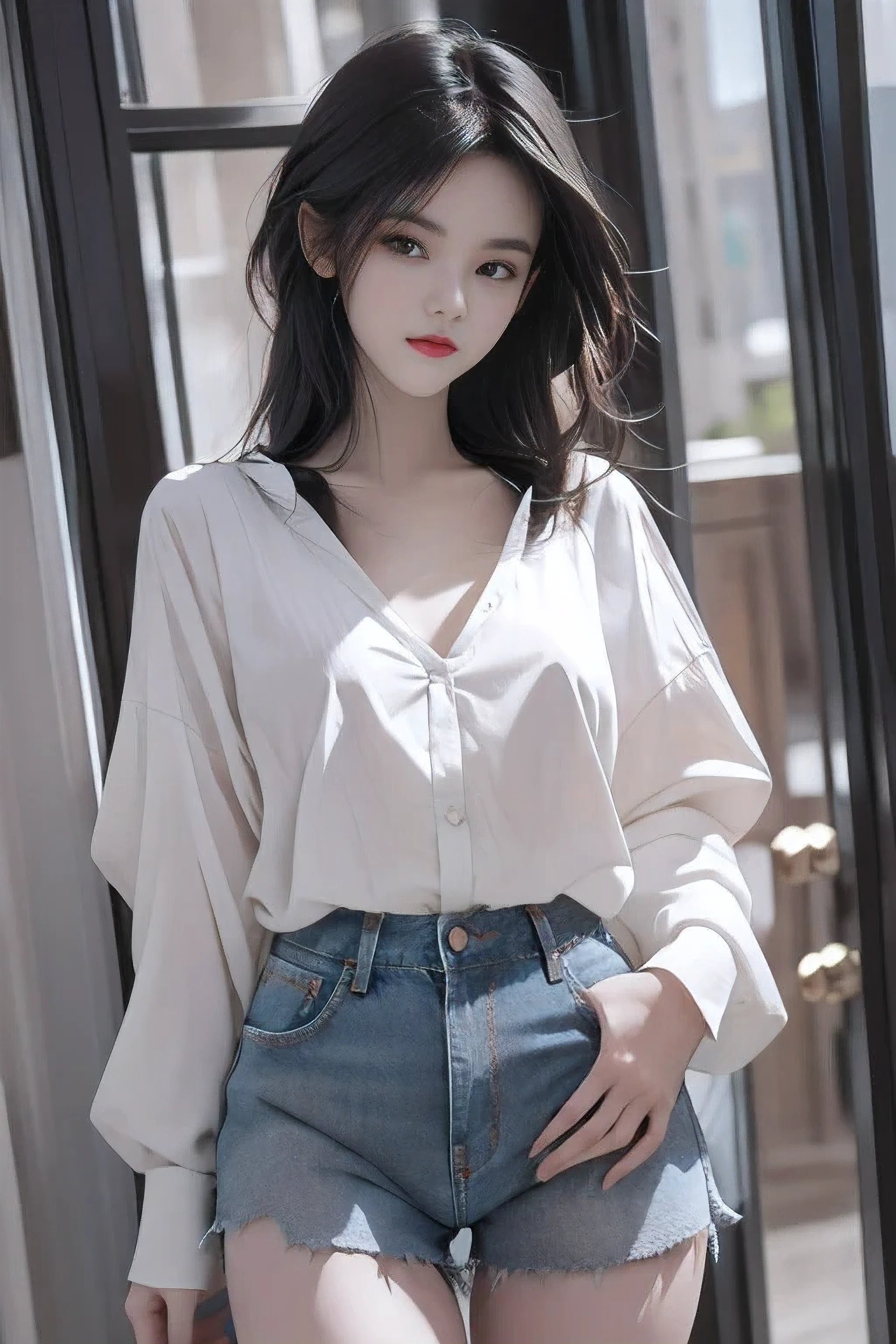 Practical, high resolution, 1 girl, White wavy hair, Korean, Heterochromic Eyes, There is a small mole under the eye, Loose white shirt, Skinny denim shorts, Large Breasts, thigh, Revealing the masterpiece, realismPractical, high resolution, 1 girl, White wavy hair, Chinese Beauty, Heterochromic Eyes, There is a small mole under the eye, Loose white shirt, Skinny denim shorts, Large Breasts, thigh, Revealing the masterpiece, realism,Big Breasts