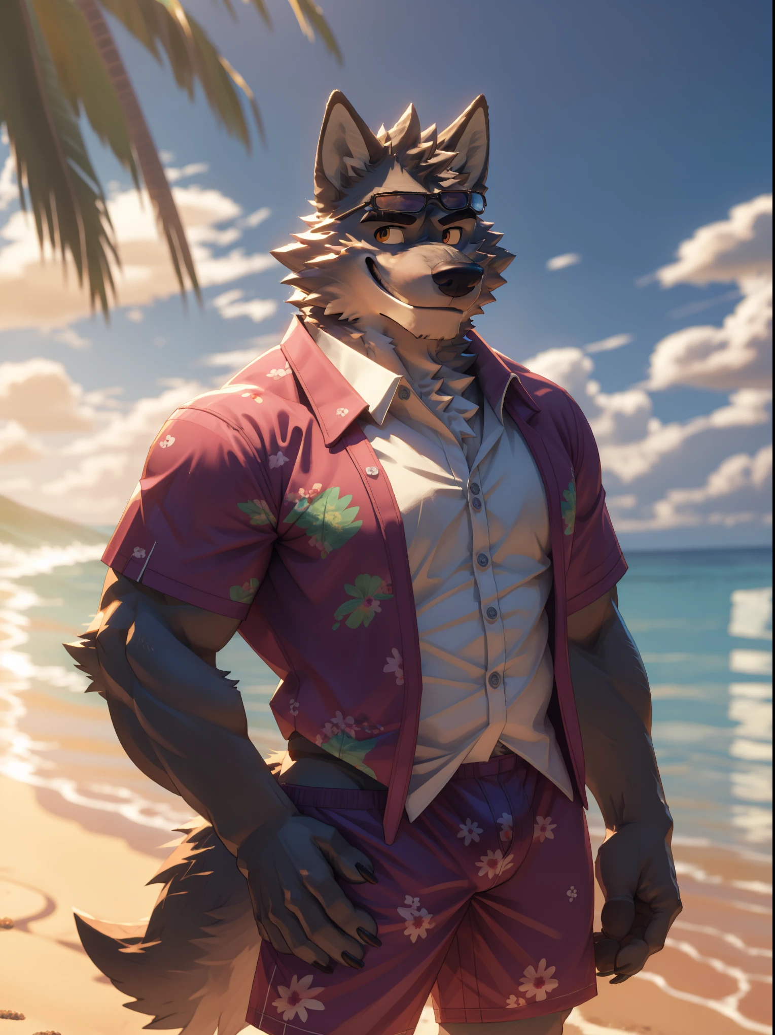 a furry wolf standing mr. wolf, beach, nature, hawaiian shirt:1.3, shorts, sunglasses, smile, (best quality,4k,8k,highres,masterpiece:1.2),ultra-detailed,,detailed wrinkles,detailed facial features,detailed texture, bulge, half body
