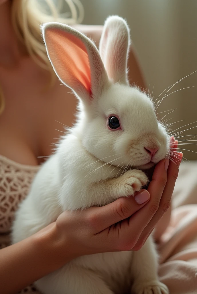 Anthropomorphic white bunny on her knees wearing absolutely admiring a mans penis wearing nothing but a neclace with her breasts/nipples showing