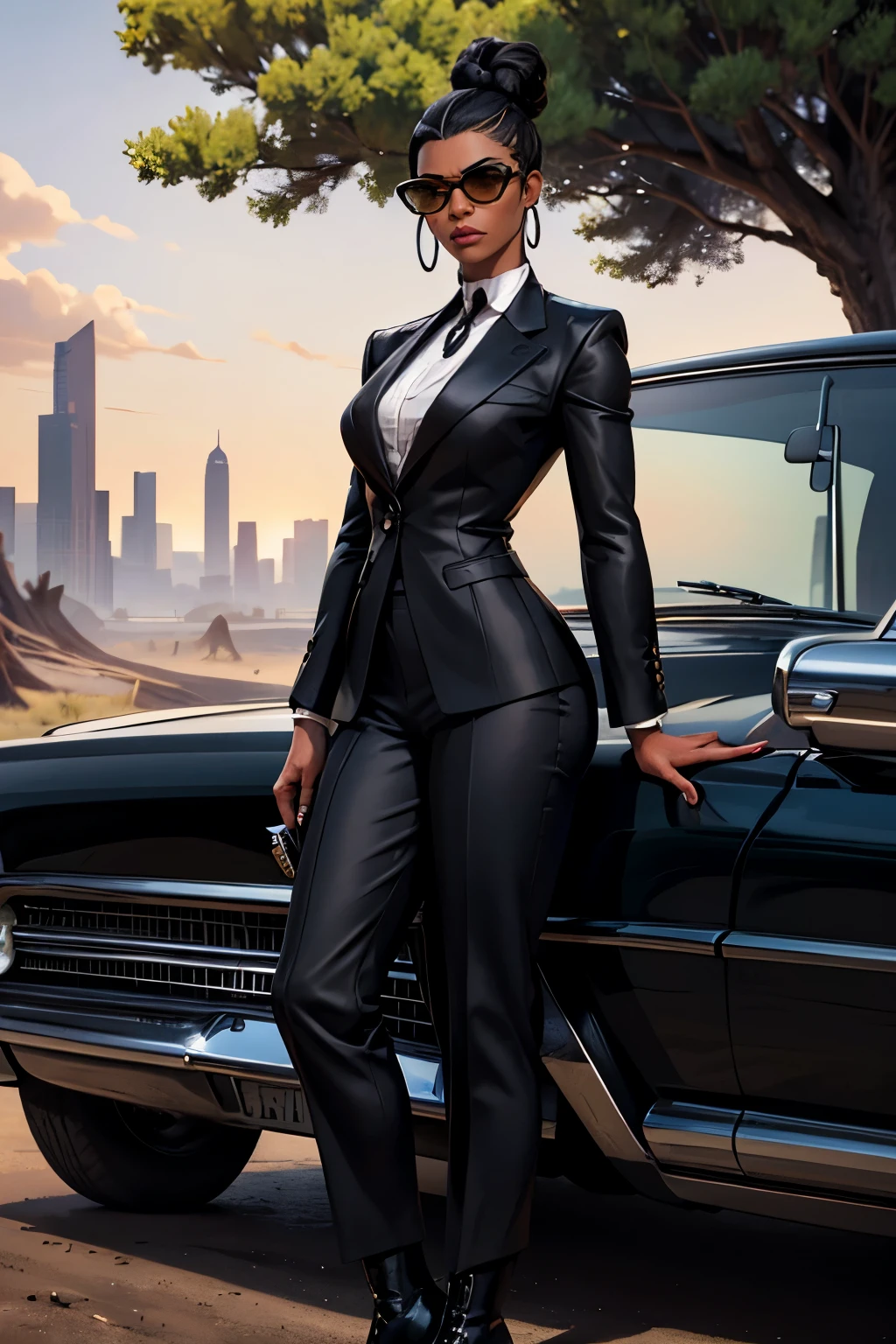 Portrait of African woman with (black hair bun), black hair pulled back, wearing a (black business suit, black formal boots, sunglasses) standing near ((Buick Roadmaster)), Badlands background with dead trees. super high quality, super high detail, masterpiece, 4k, 8k, HDR, masters of the universe