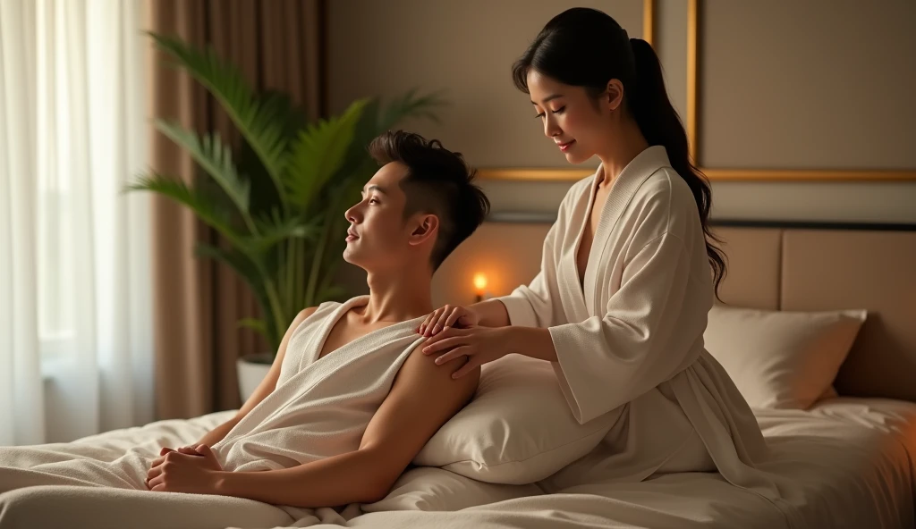 a man gives a man a massage、30 years old、male、Japanese、very handsome、Topless、Half quilt、loincloth、abs、Pectoral muscle、body hair、open legs、smile、festival、night、summer