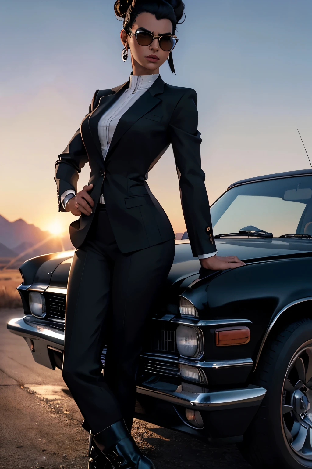 Portrait of African woman with (black hair bun), black hair pulled back, wearing a (black business suit, black formal boots, sunglasses) standing near ((Buick Roadmaster 96)), Badlands background with dead trees. super high quality, super high detail, masterpiece, 4k, 8k, HDR, masters of the universe