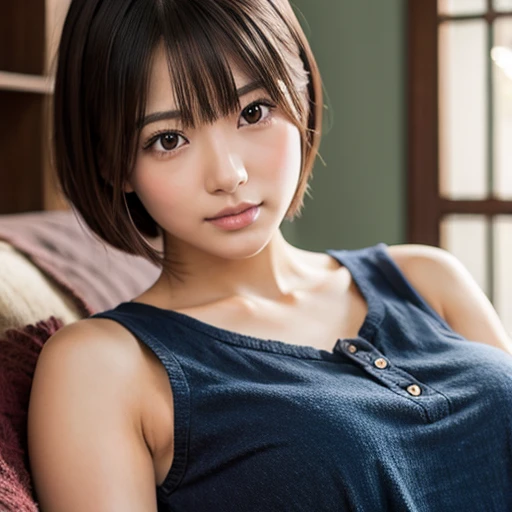 A japanese girl with casual fashion, brown short cut hair, big tits, cheating her boyfriend, Full body shot, 1girl, Surrealism, high detail, Realism, UHD, super detail, textured skin, high details, high quality