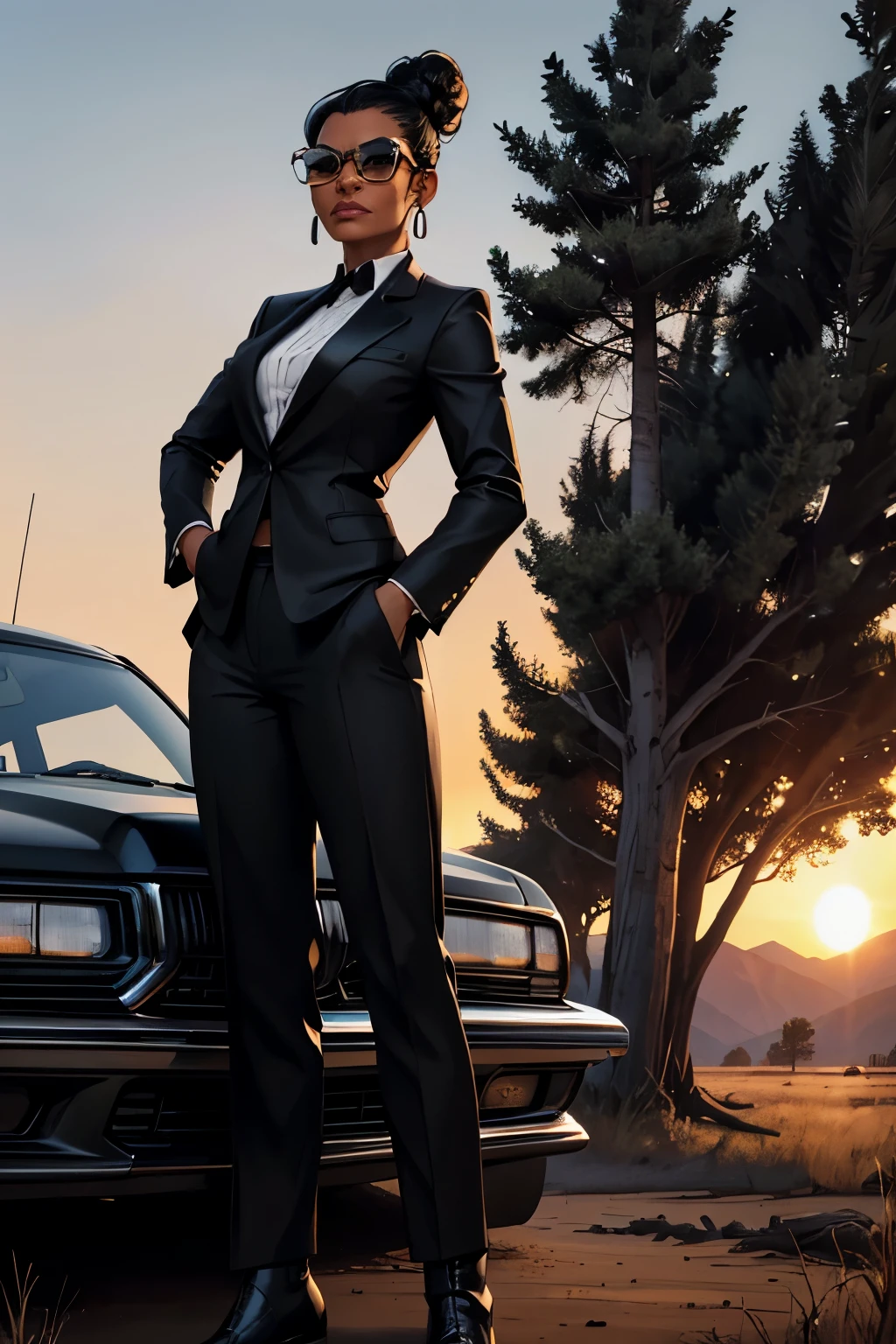 Portrait of African woman with (black hair bun), black hair pulled back, wearing a (black business suit, black formal boots, sunglasses) standing near ((black Buick Roadmaster 96)), Badlands background with dead trees. super high quality, super high detail, masterpiece, 4k, 8k, HDR, masters of the universe