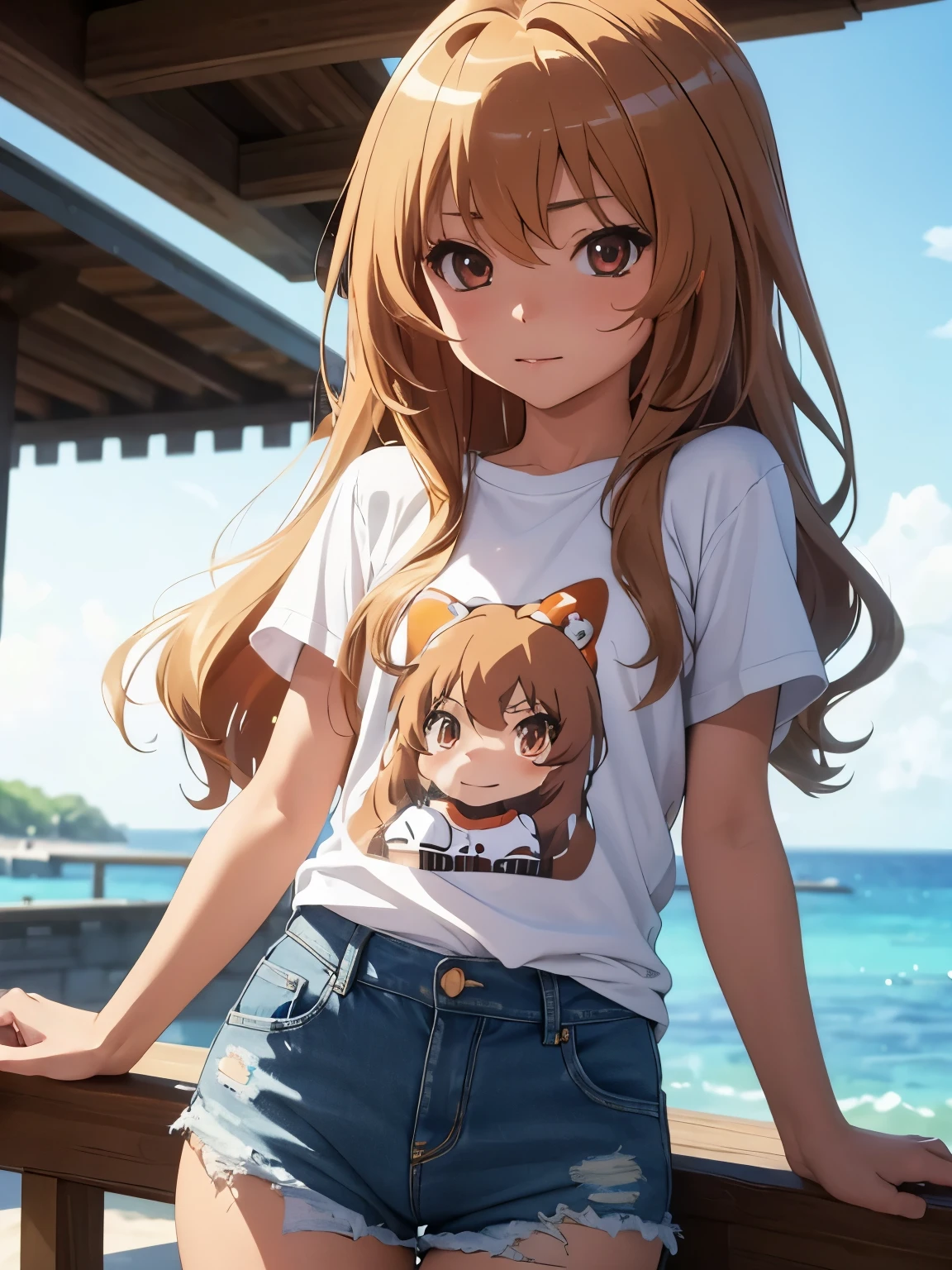 ((masterpiece)), ((best quality)), (ultra-detailed), ((kawaii)), cute, (lovely), ((sexy)), (ero), ((extremely detailed)), 4K, (8K), best quality, (beautiful), anime style, upper body, heavy outline, clear outline, full body focus, beach, (((Taiga, Torodora))), ((T-shirt, denim ultra short pants)), ((beautiful orange eyes)), Small breast, shiny-glistening, gleamin